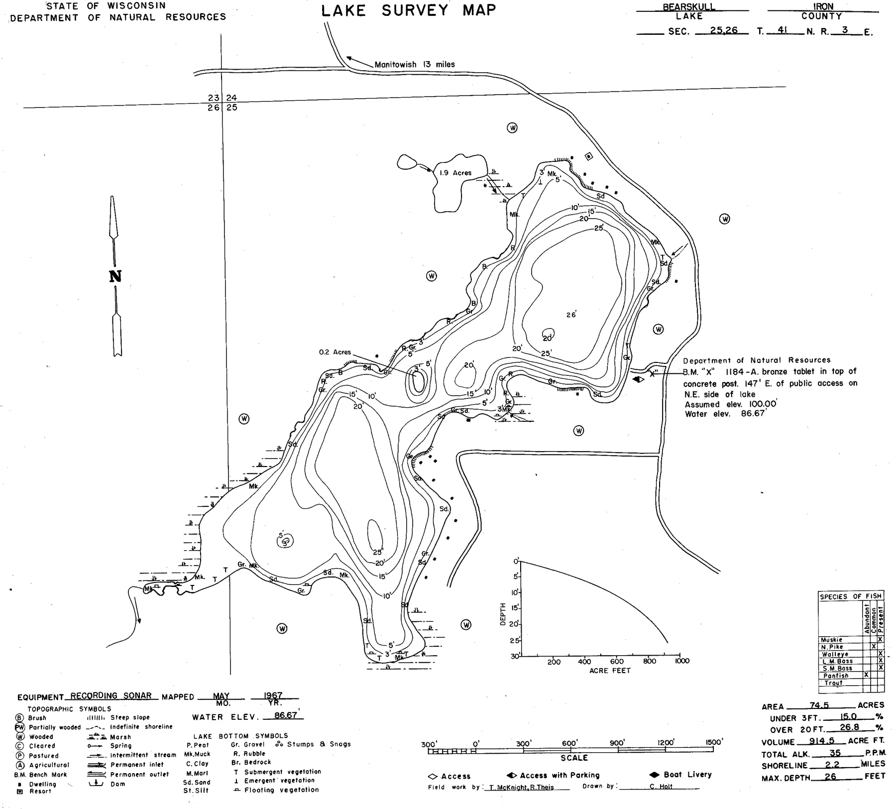 Bearskull Lake historical Wisconsin DNR depth map sheet 1