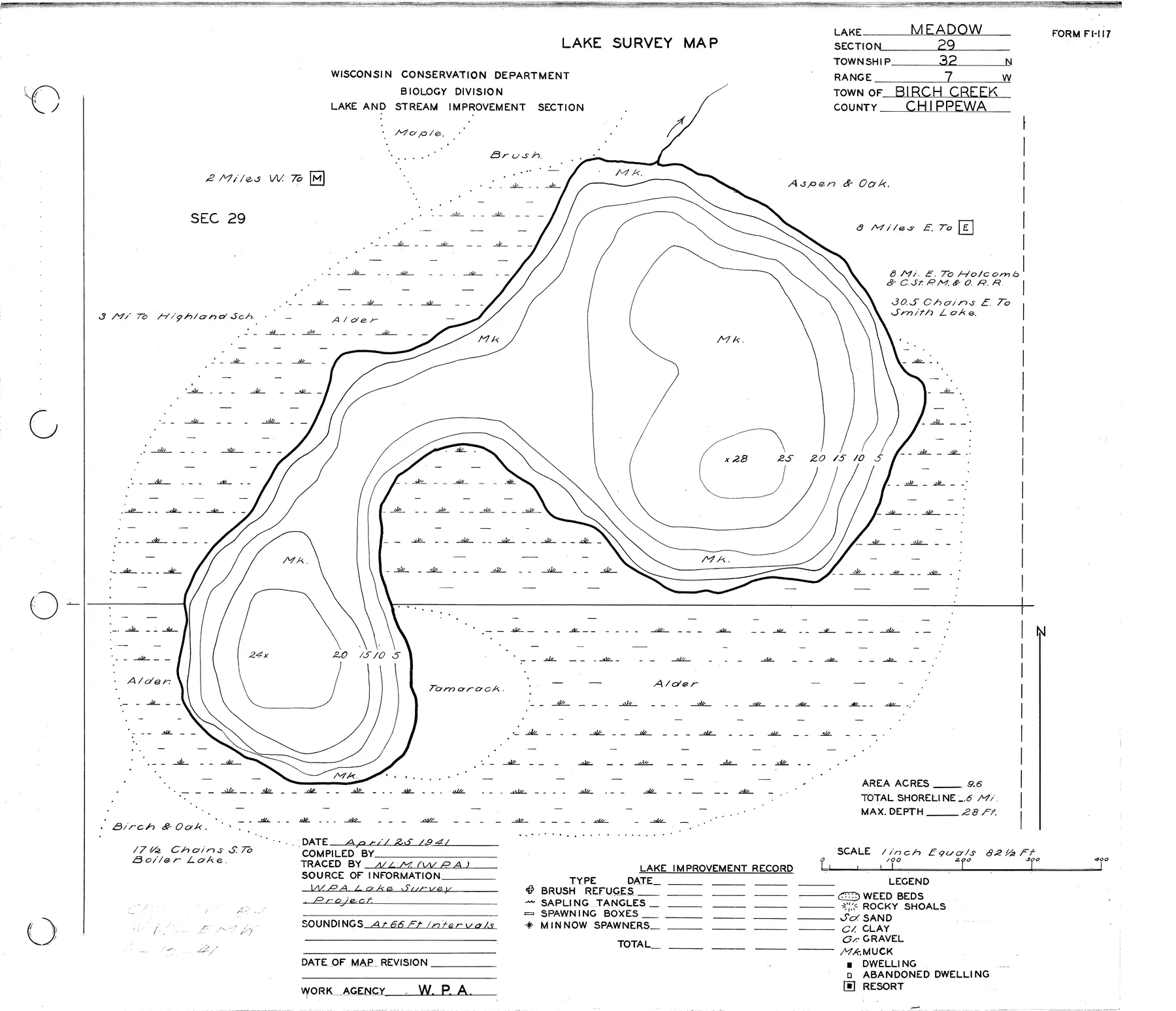 Meadows Lake historical Wisconsin DNR depth map sheet 1