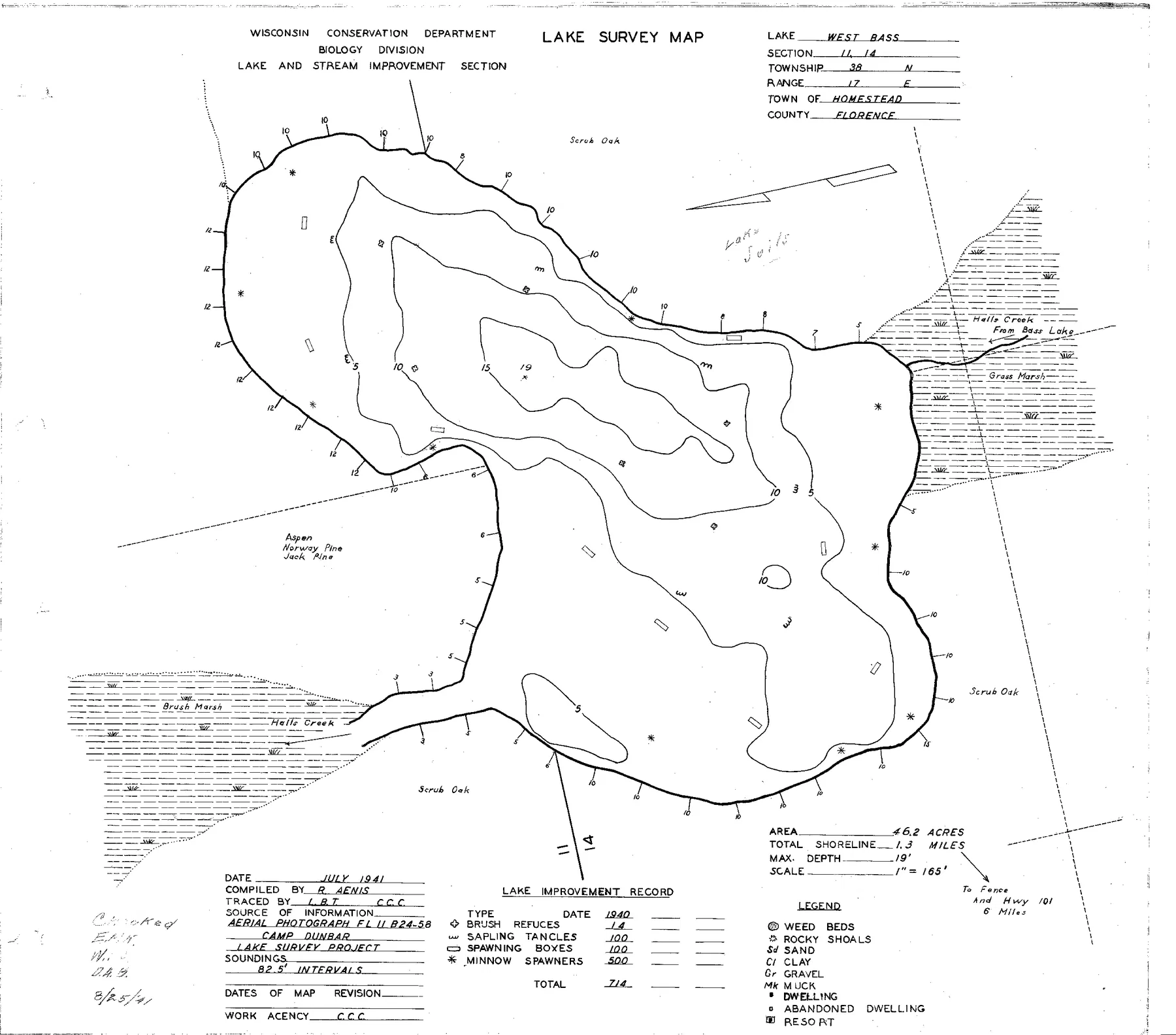West Bass Lake historical Wisconsin DNR depth map sheet 1