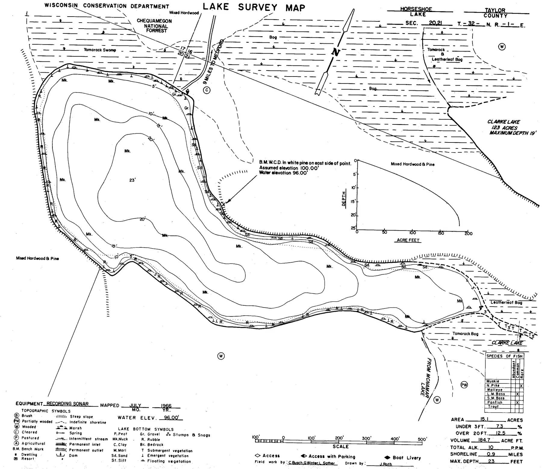 Horseshoe Lake historical Wisconsin DNR depth map sheet 1
