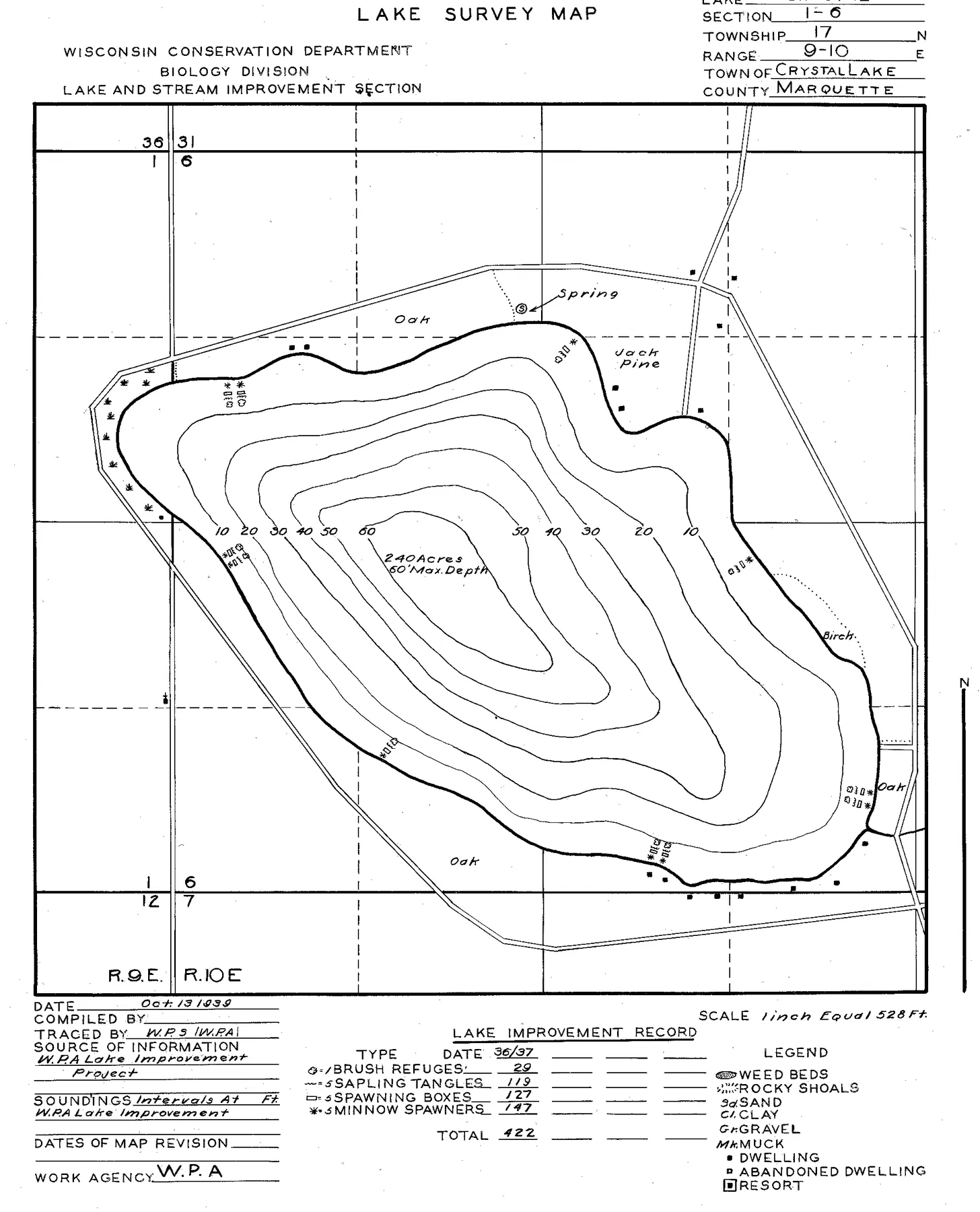 Crystal Lake historical Wisconsin DNR depth map sheet 1