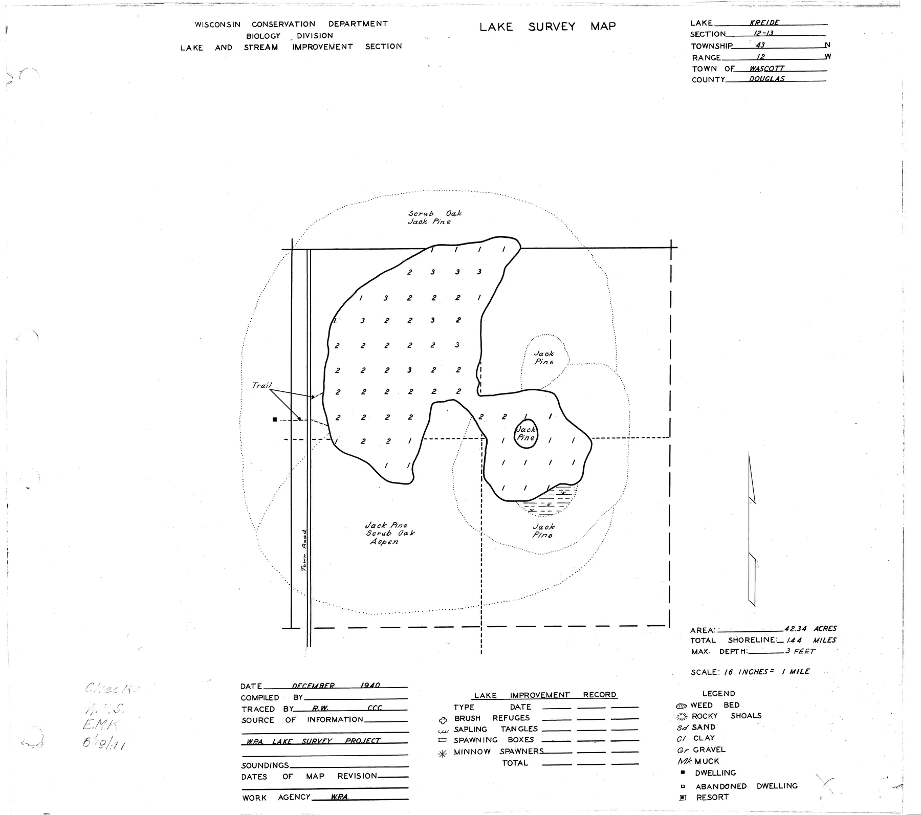 Kreide Lake historical Wisconsin DNR depth map sheet 1