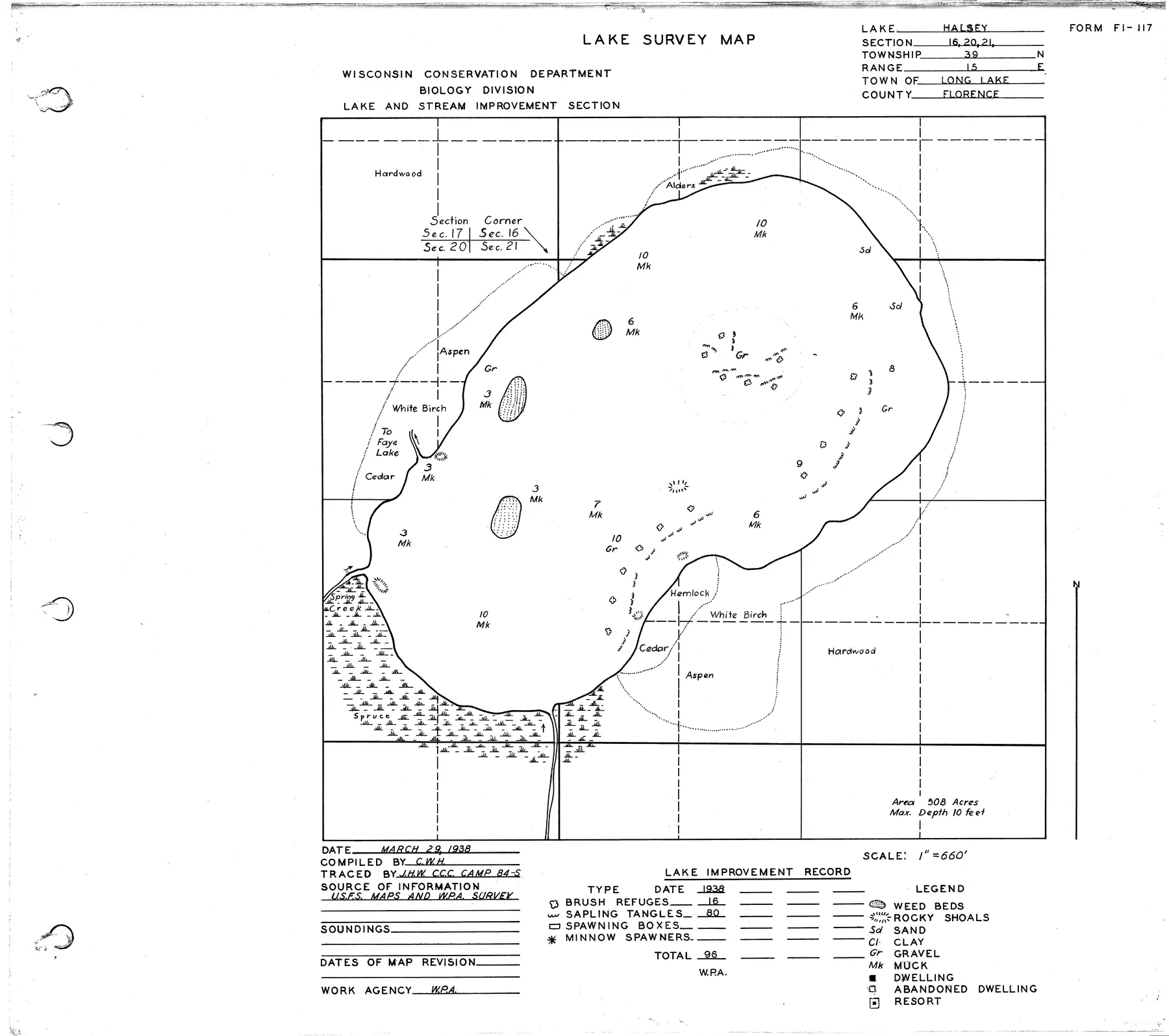Halsey Lake historical Wisconsin DNR depth map sheet 1