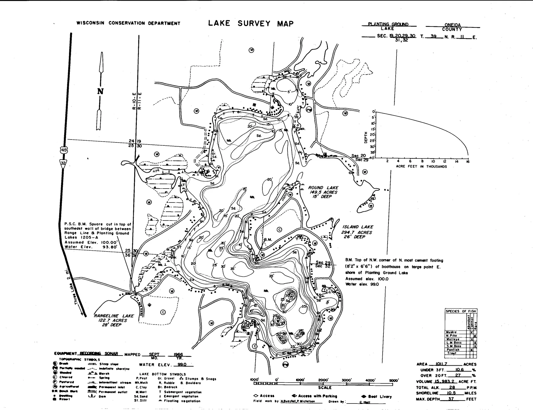 Planting Ground Lake historical Wisconsin DNR depth map sheet 1