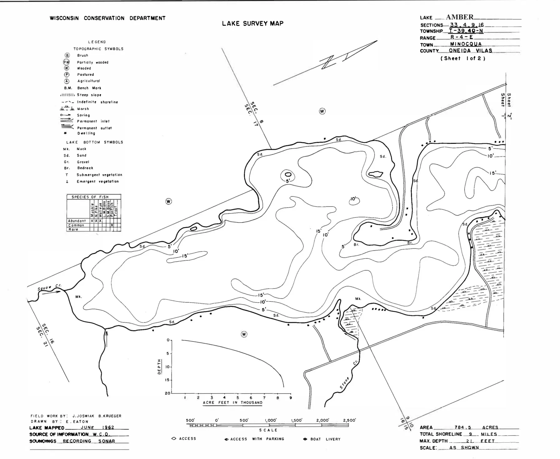 Amber Lake historical Wisconsin DNR depth map sheet 1