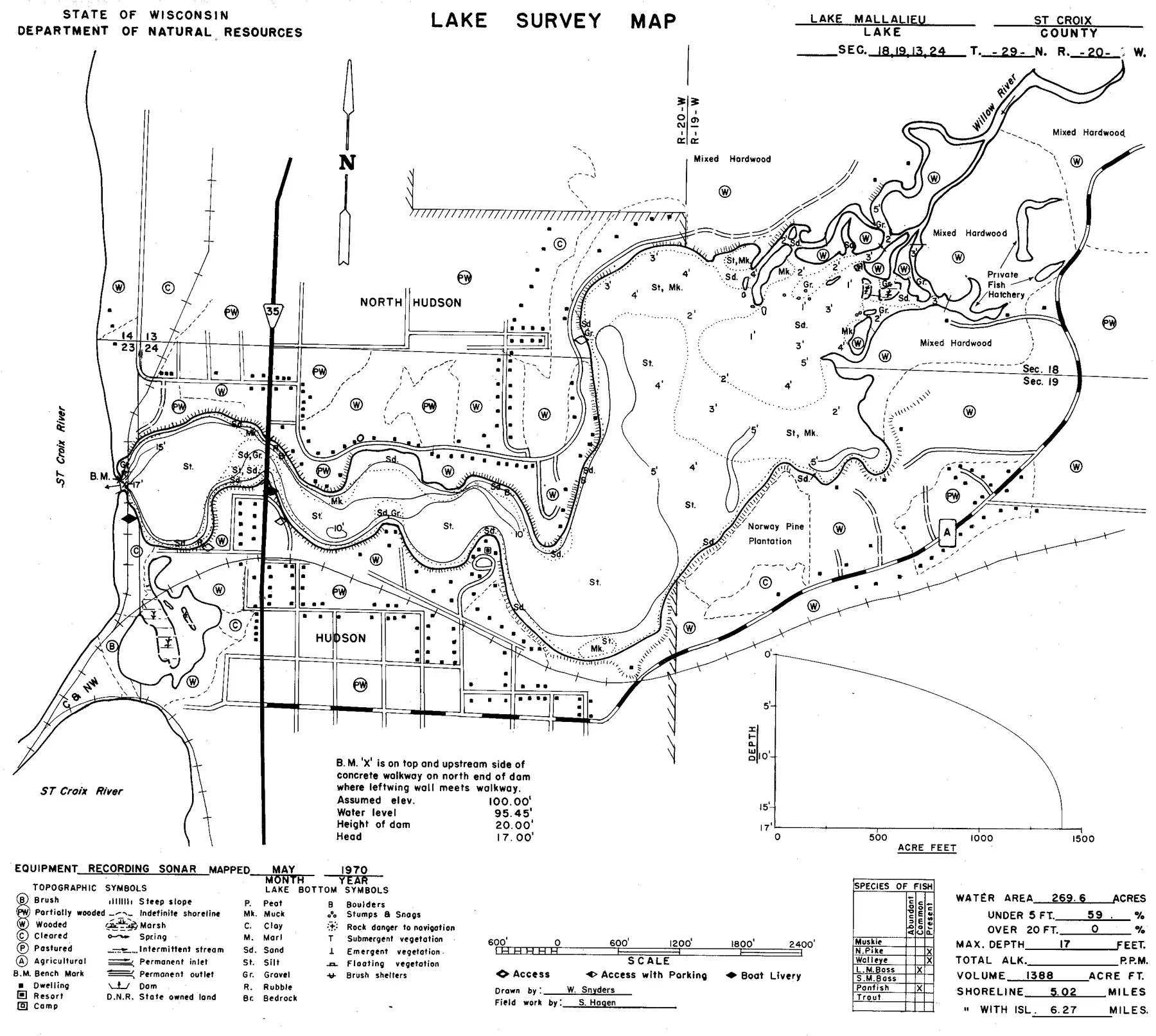 Lake Mallalieu historical Wisconsin DNR depth map sheet 1