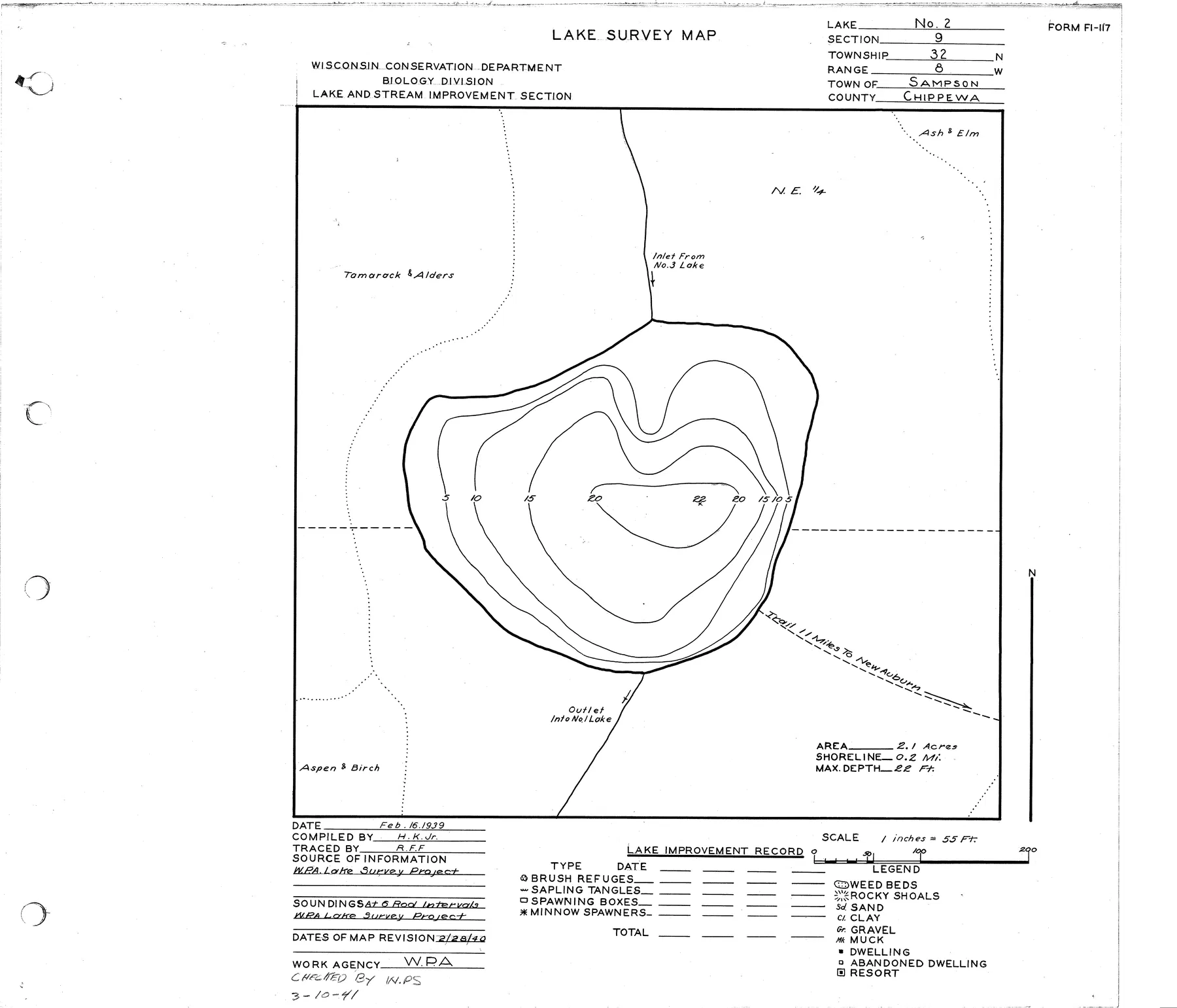 Number Two Lake historical Wisconsin DNR depth map sheet 1