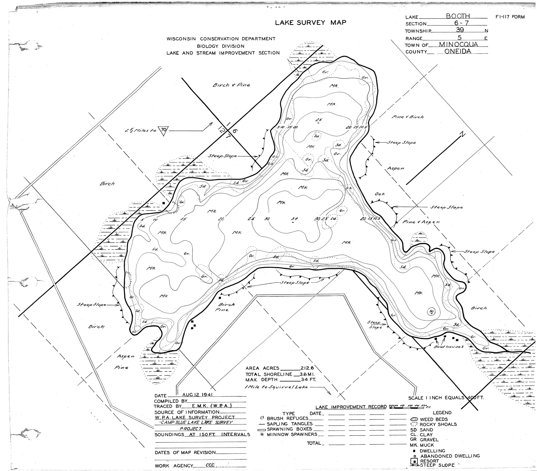 Booth Lake historical Wisconsin DNR depth map sheet 1