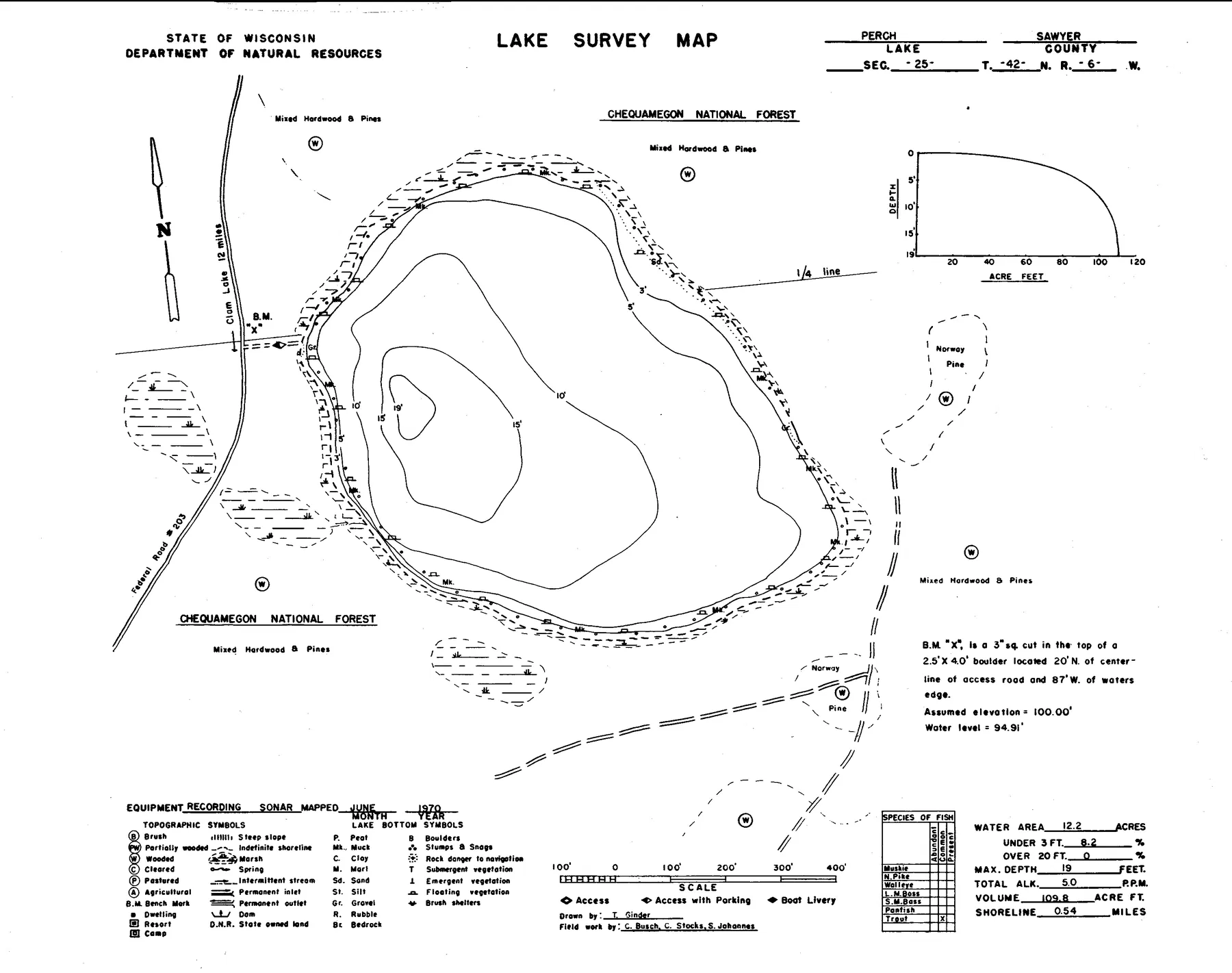 Perch Lake historical Wisconsin DNR depth map sheet 1