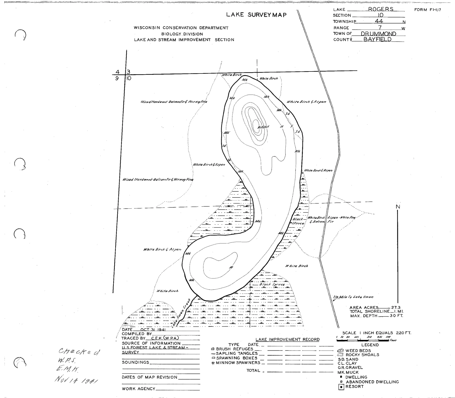 Roger Lake historical Wisconsin DNR depth map sheet 1