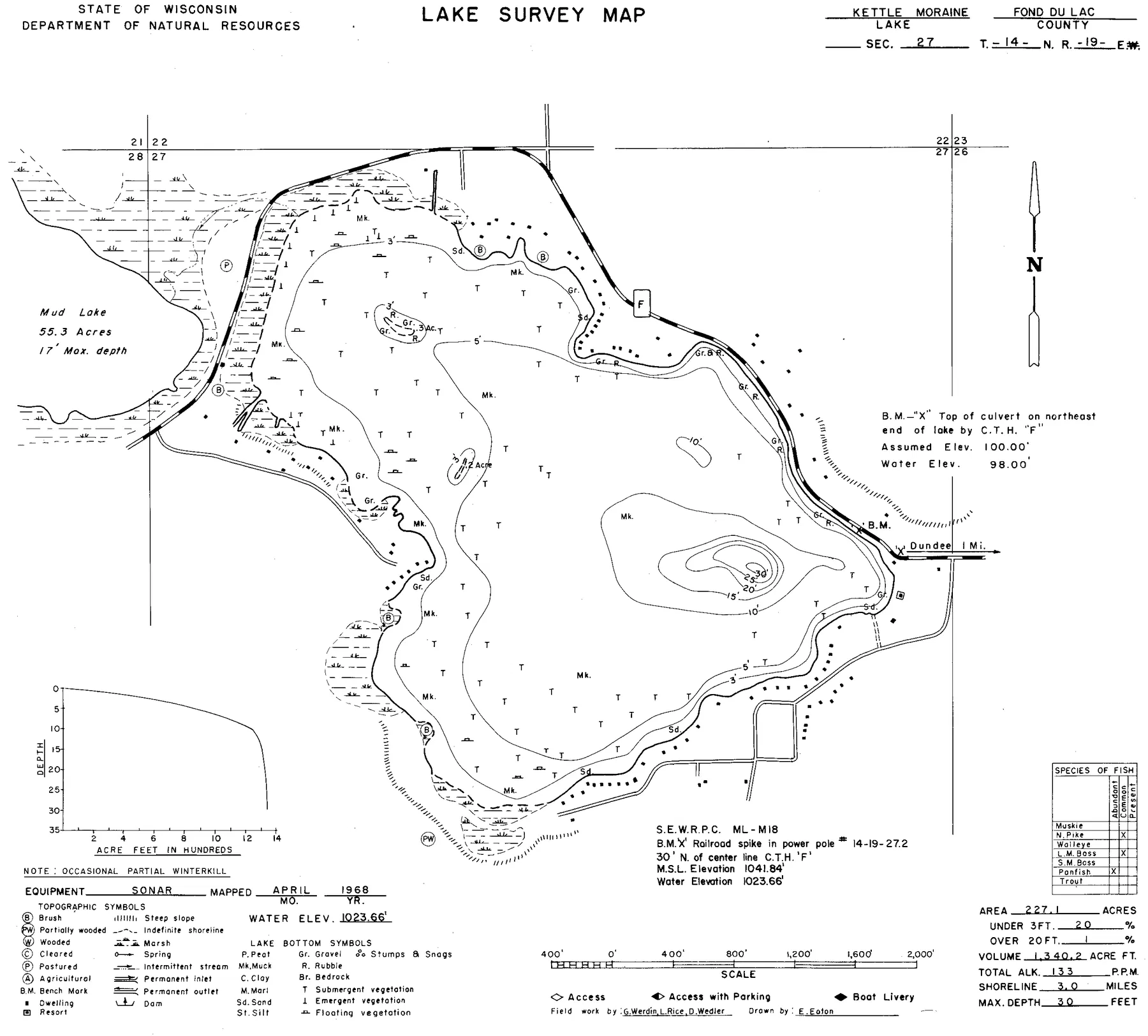 Kettle Moraine Lake historical Wisconsin DNR depth map sheet 1