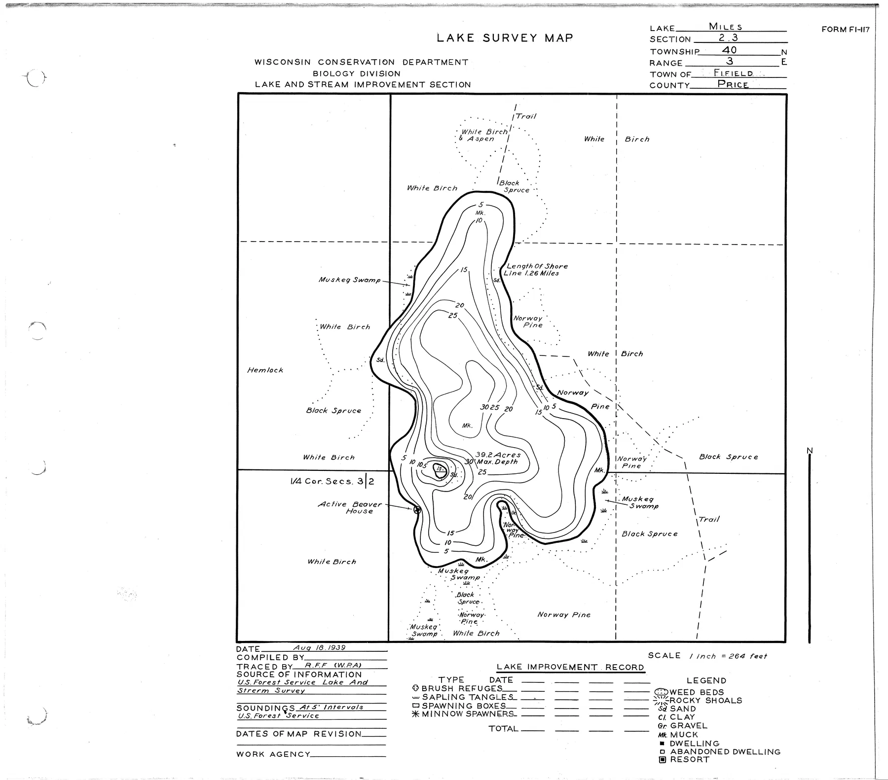 Miles Lake historical Wisconsin DNR depth map sheet 1