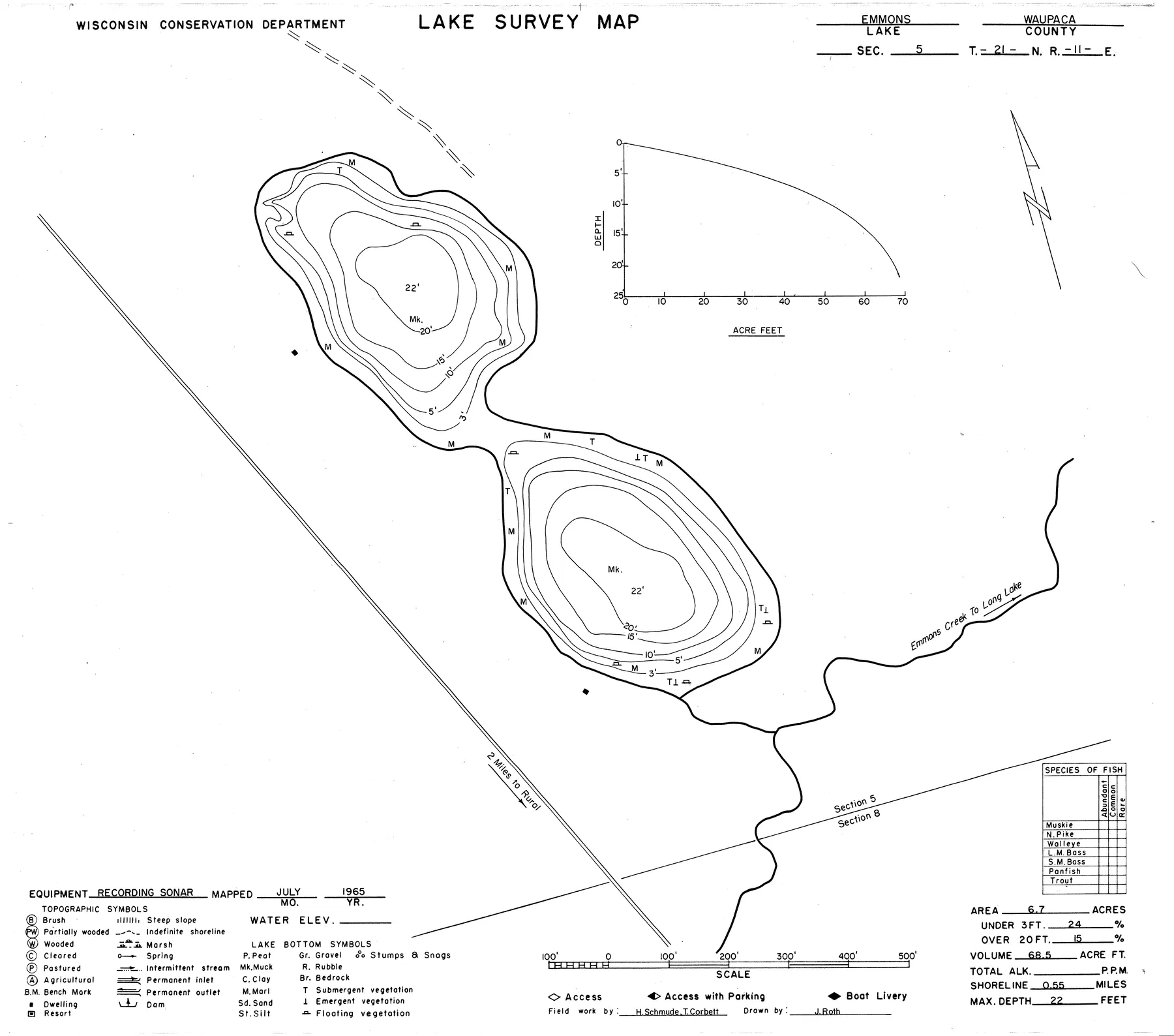Emmons Lake historical Wisconsin DNR depth map sheet 1