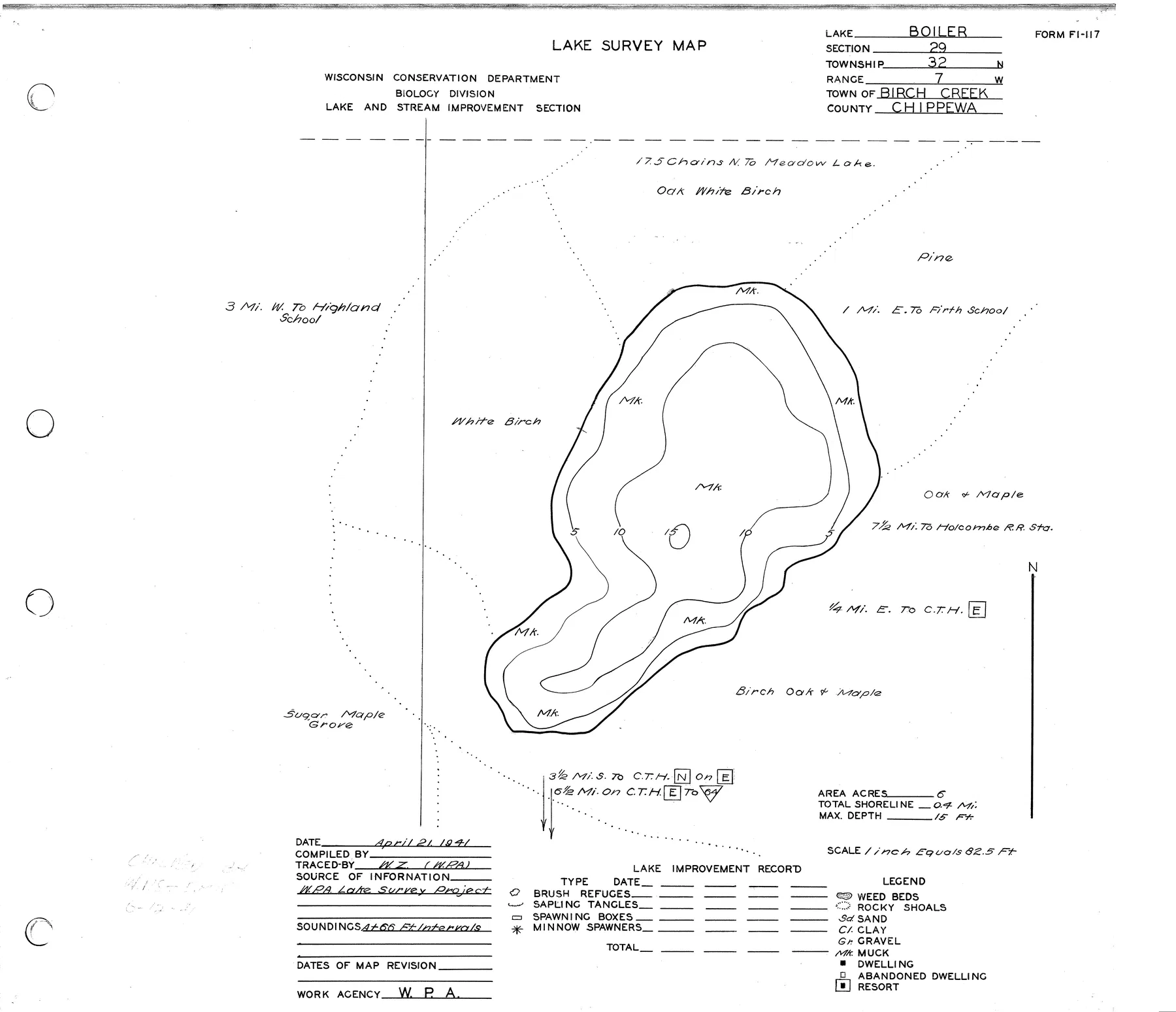 Boiler Lake historical Wisconsin DNR depth map sheet 1