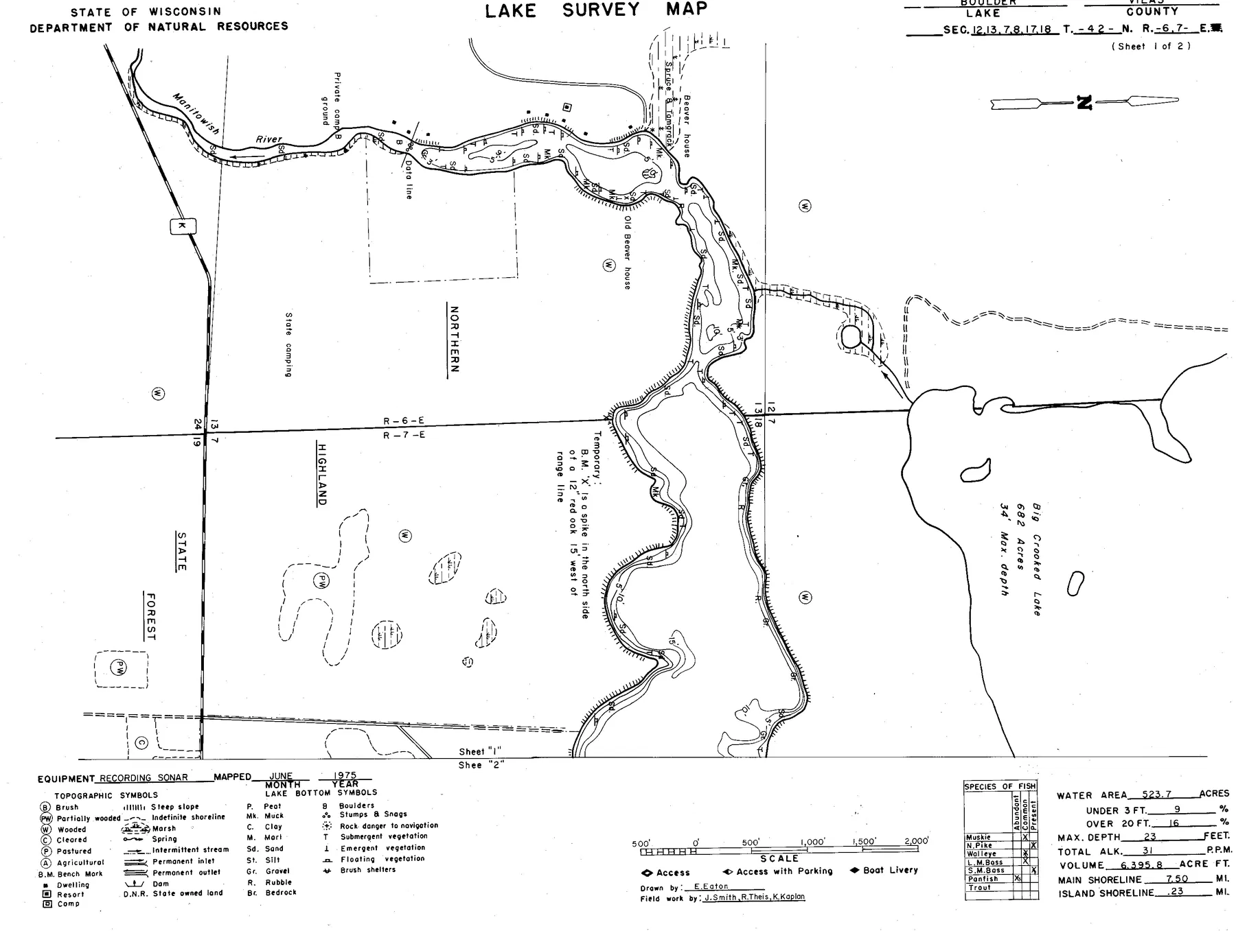 Boulder Lake historical Wisconsin DNR depth map sheet 1