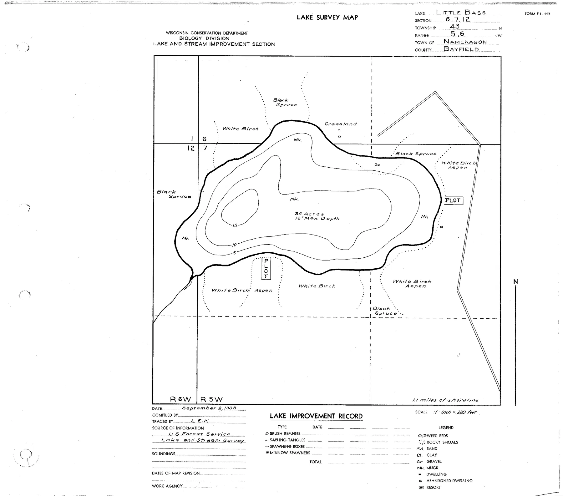 Little Bass Lake historical Wisconsin DNR depth map sheet 1