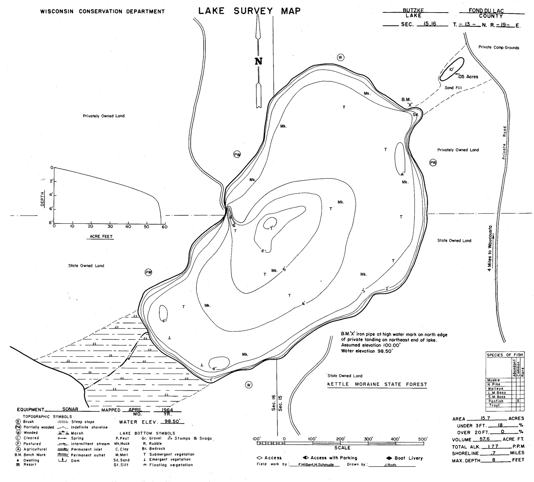 Butzke Lake historical Wisconsin DNR depth map sheet 1