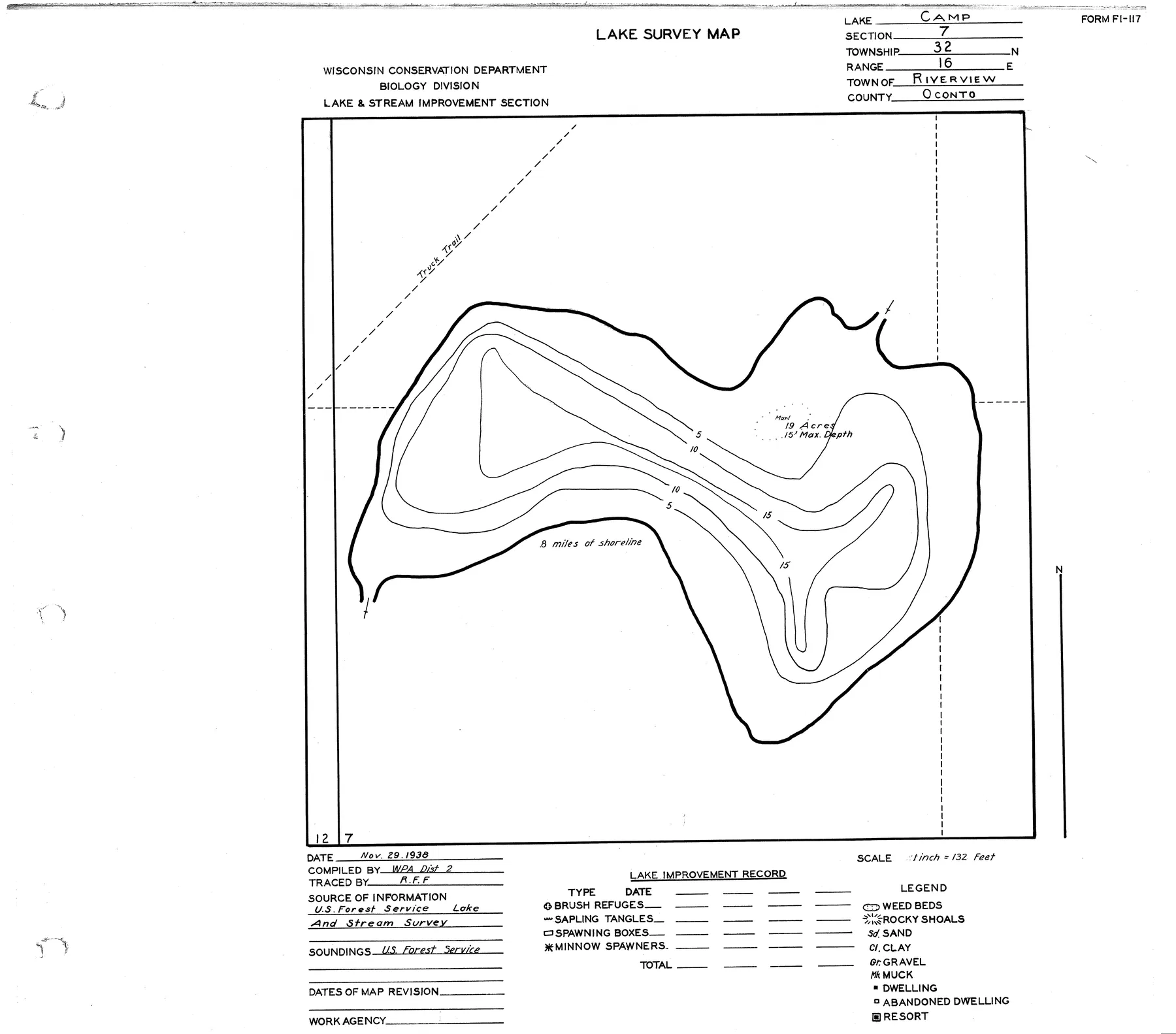 Camp Lake historical Wisconsin DNR depth map sheet 1