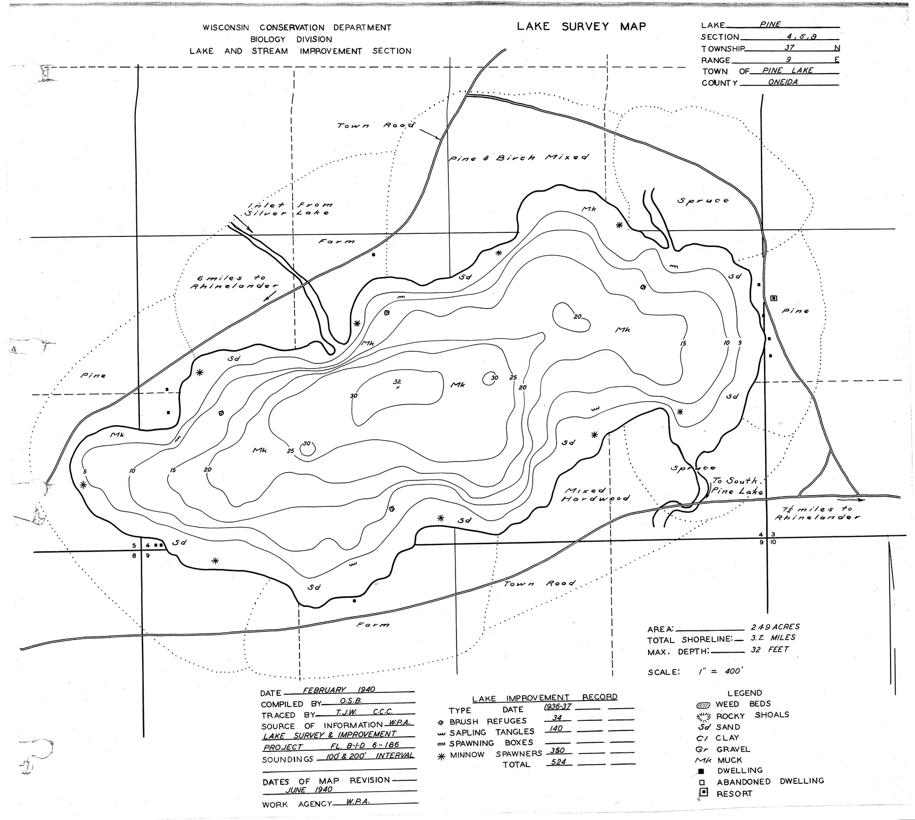 Pine Lake historical Wisconsin DNR depth map sheet 1
