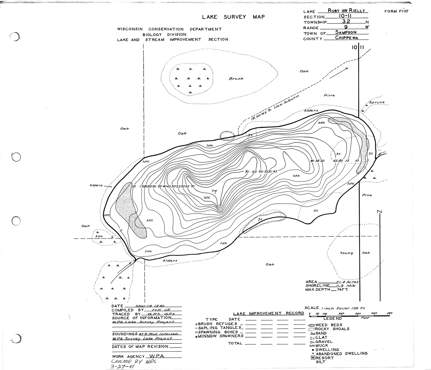 Ruby Lake historical Wisconsin DNR depth map sheet 1