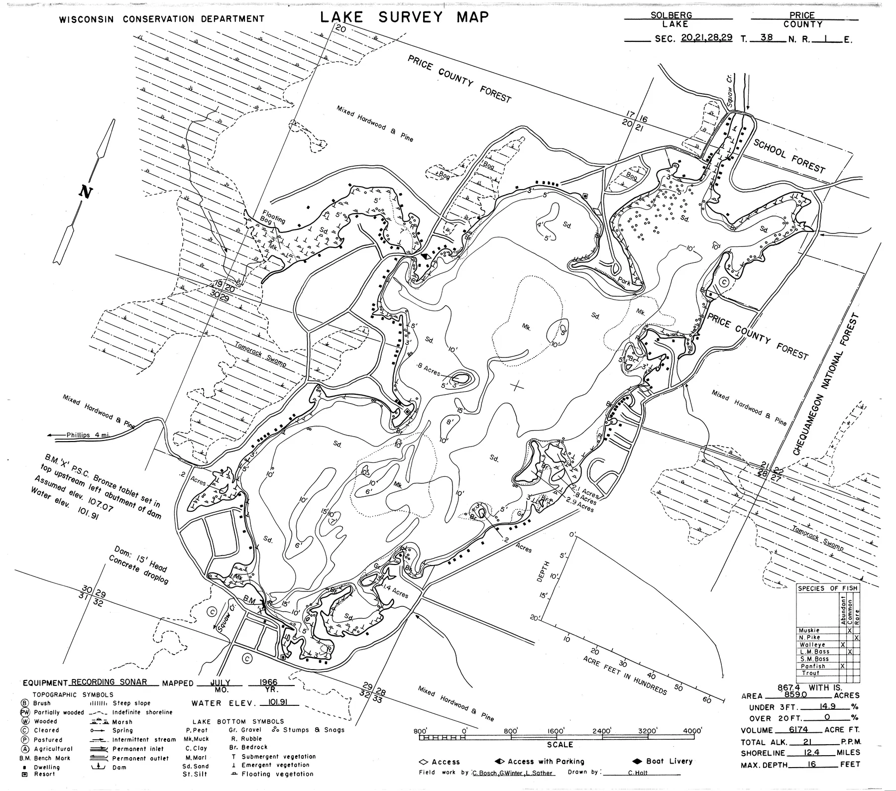 Solberg Lake historical Wisconsin DNR depth map sheet 1