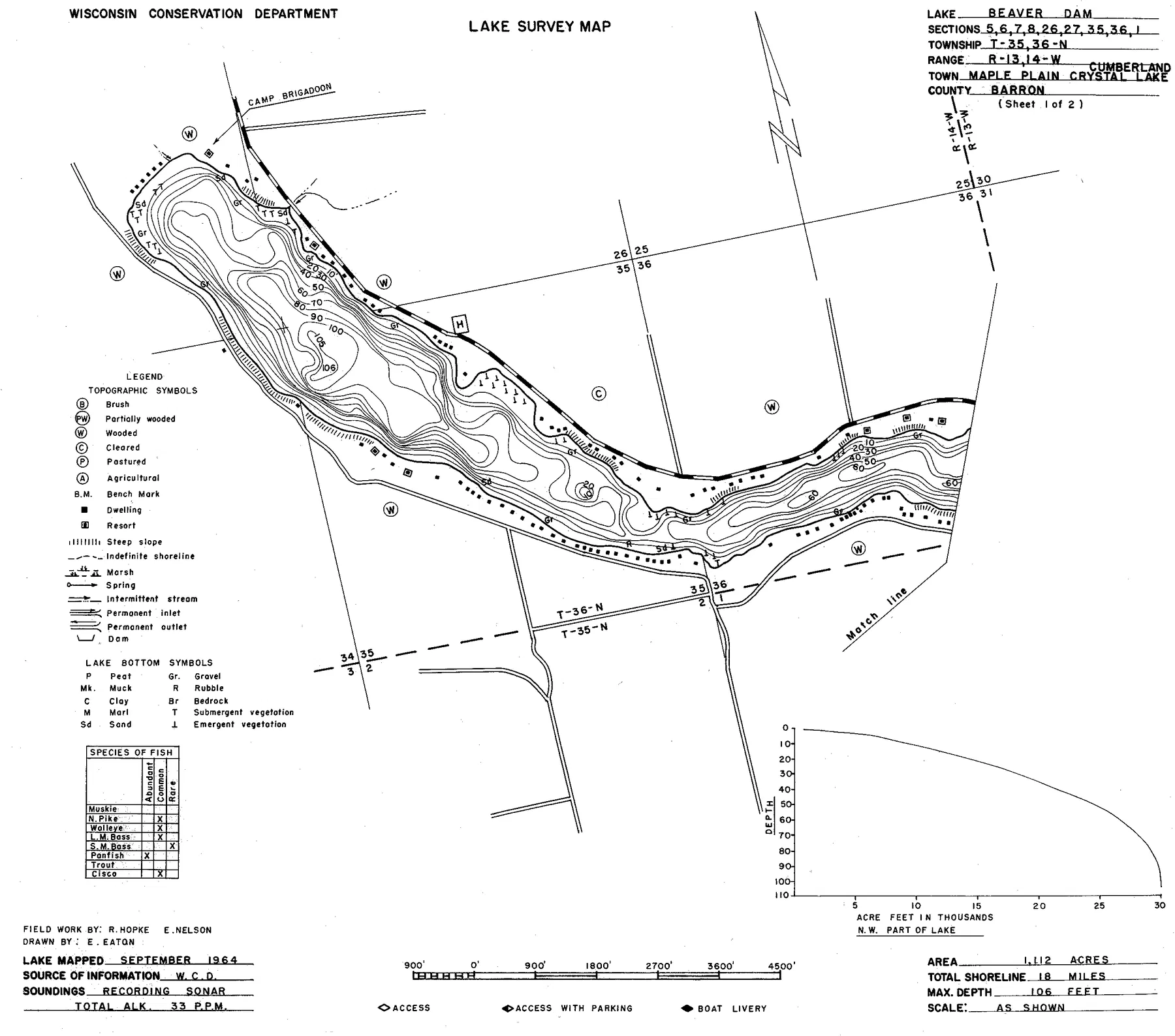 Beaver Dam Lake historical Wisconsin DNR depth map sheet 1