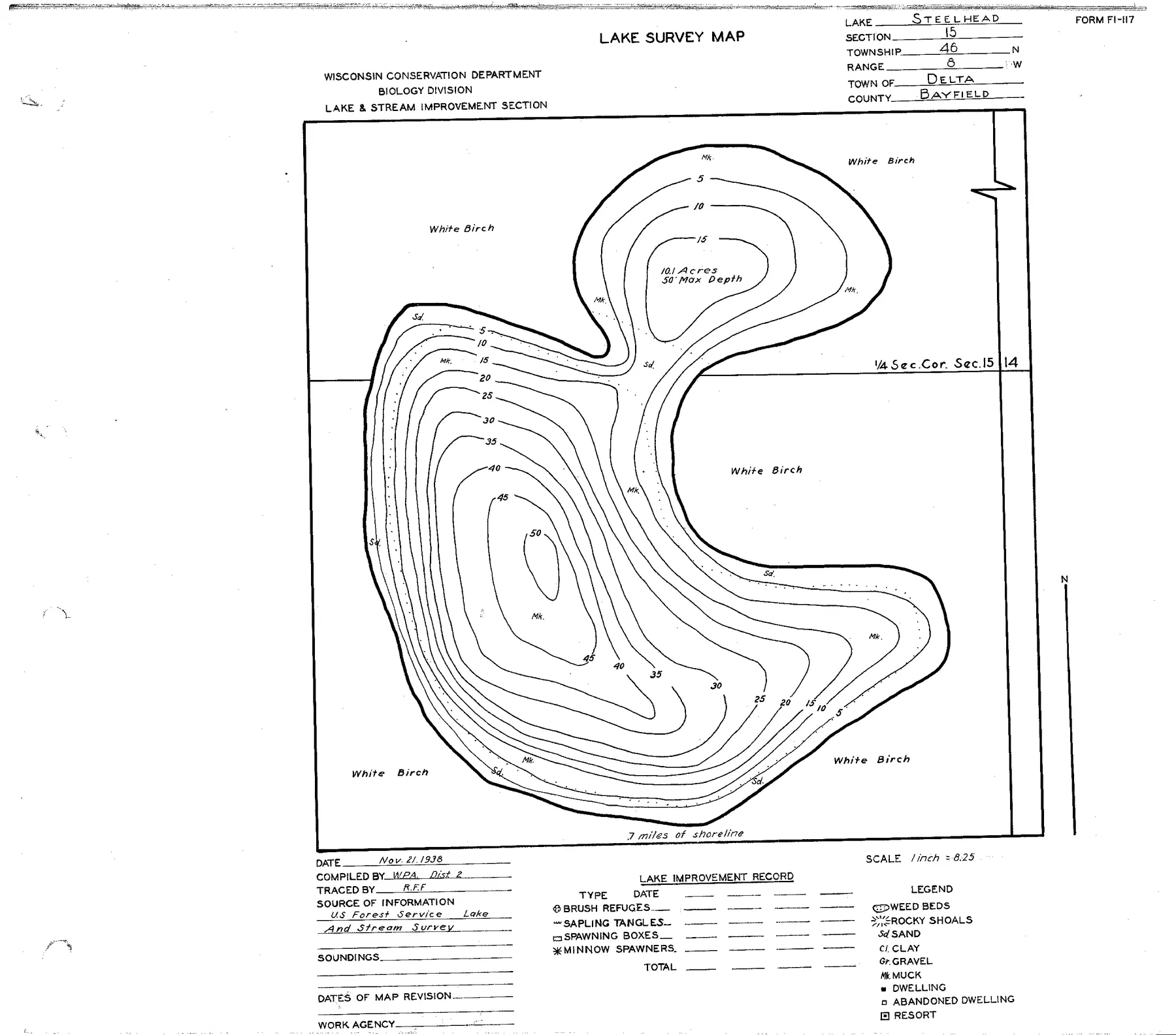 Steelhead Lake historical Wisconsin DNR depth map sheet 1