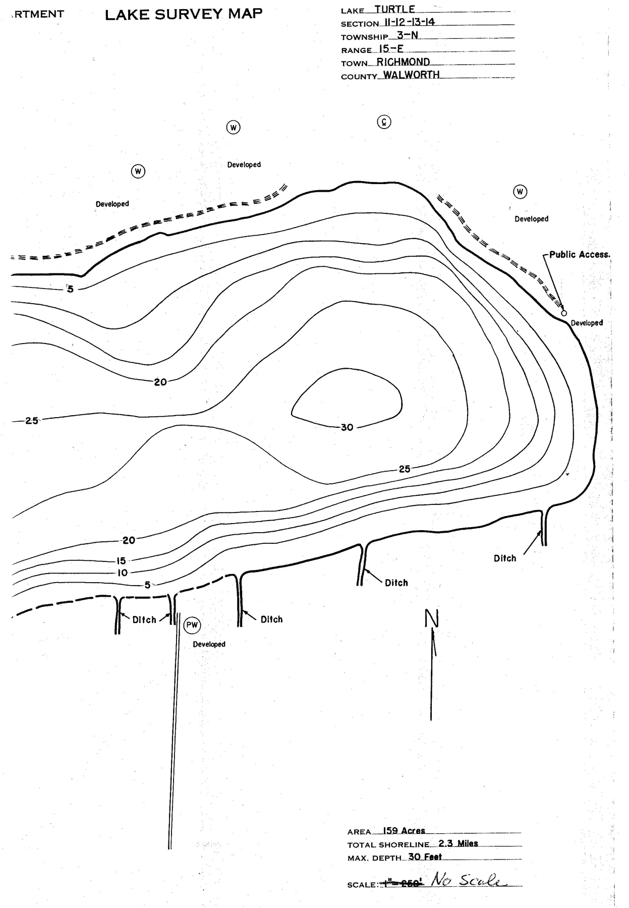 Turtle Lake historical Wisconsin DNR depth map sheet 1