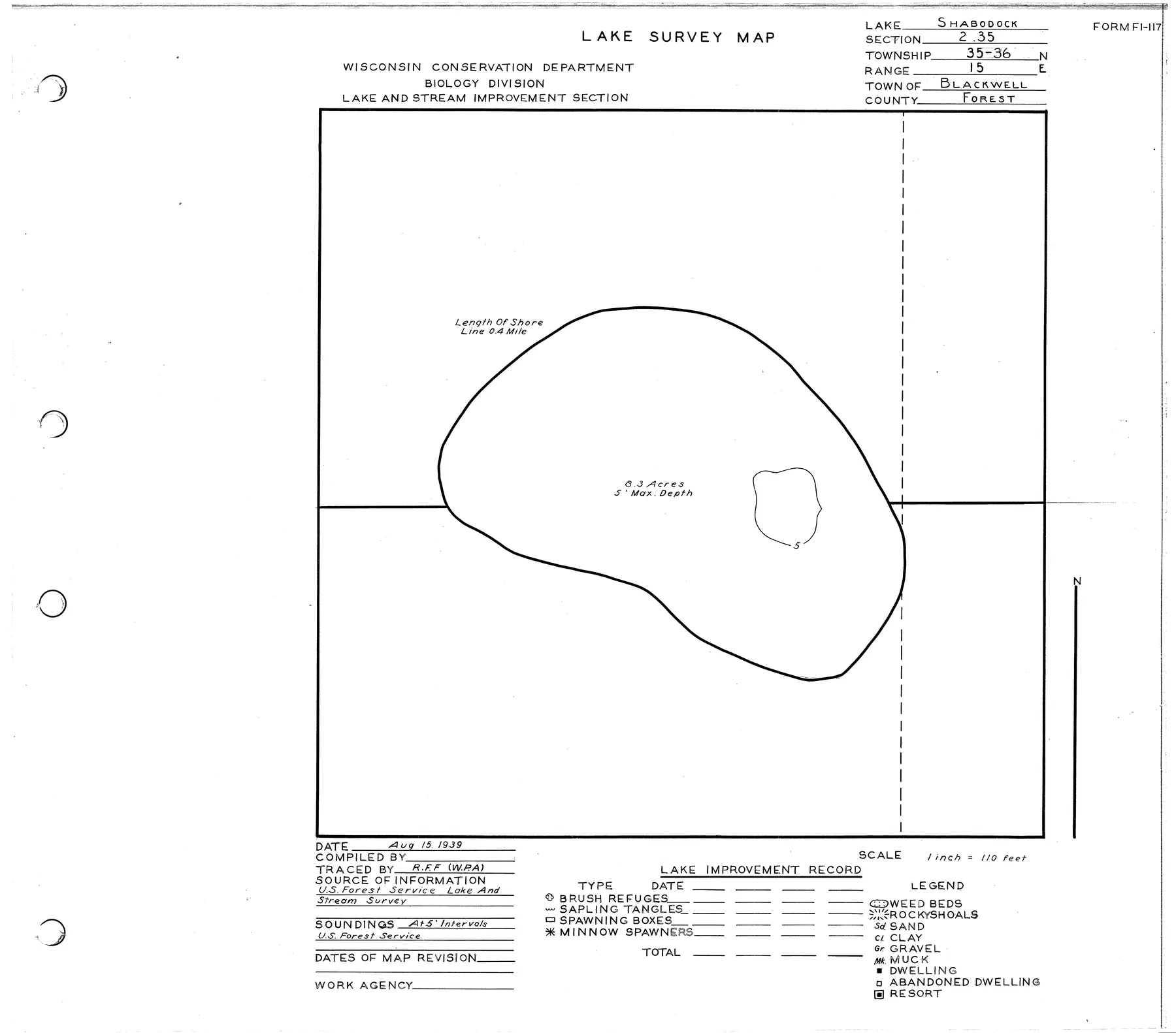Shabodock Lake historical Wisconsin DNR depth map sheet 1