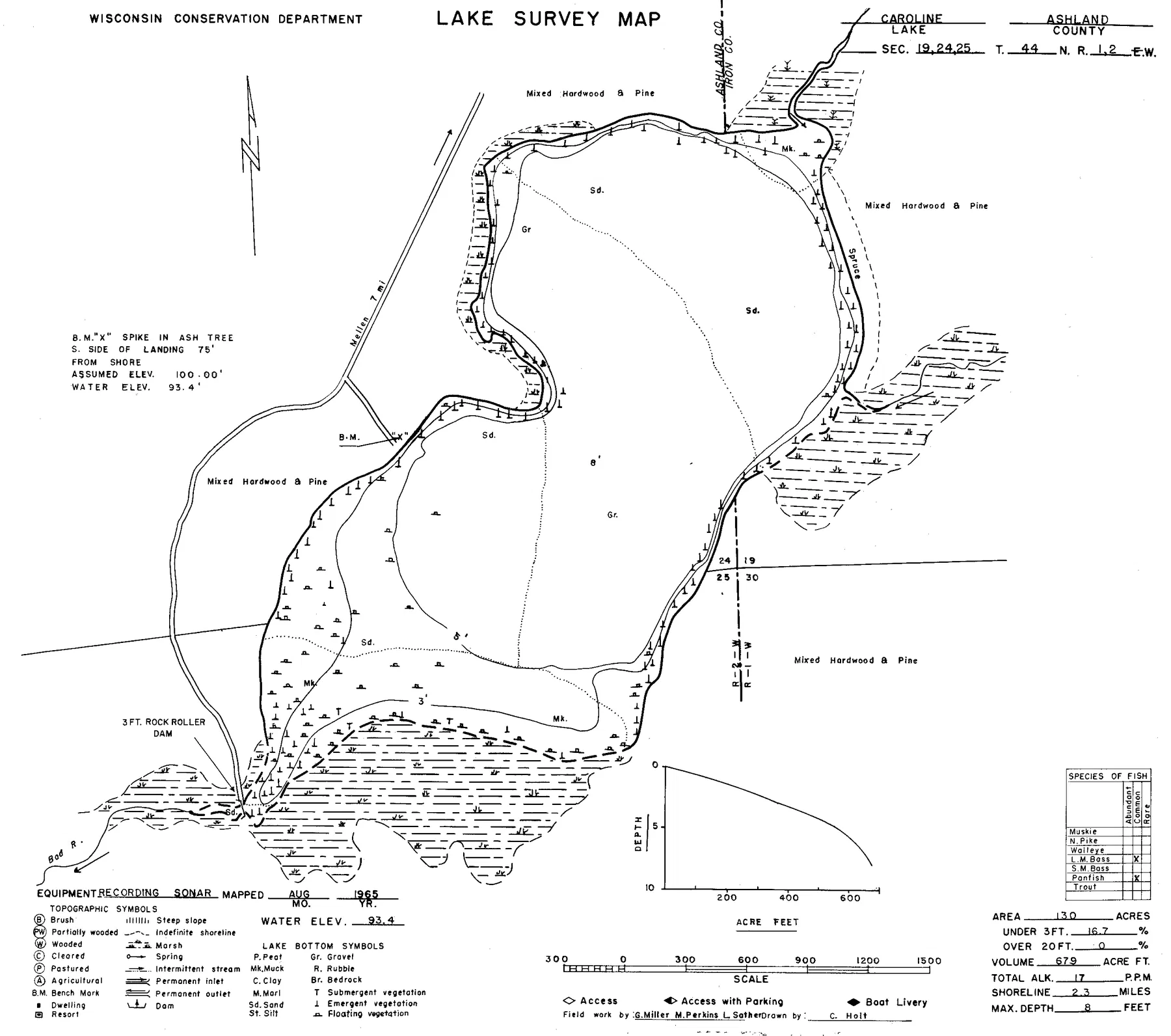Caroline Lake historical Wisconsin DNR depth map sheet 1