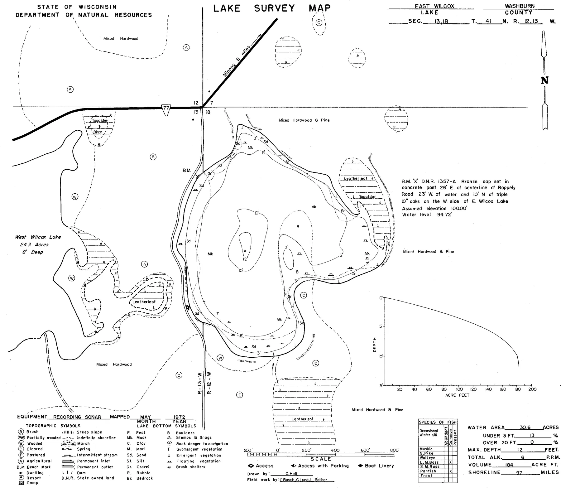 East Wilcox Lake historical Wisconsin DNR depth map sheet 1