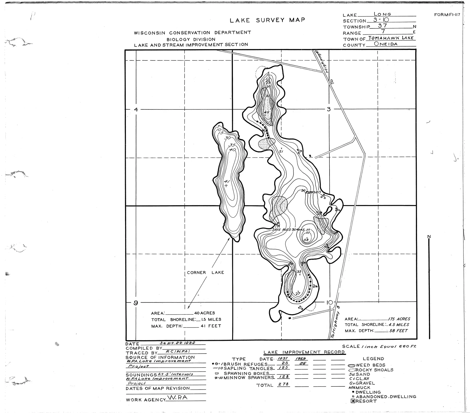 Long Lake historical Wisconsin DNR depth map sheet 1
