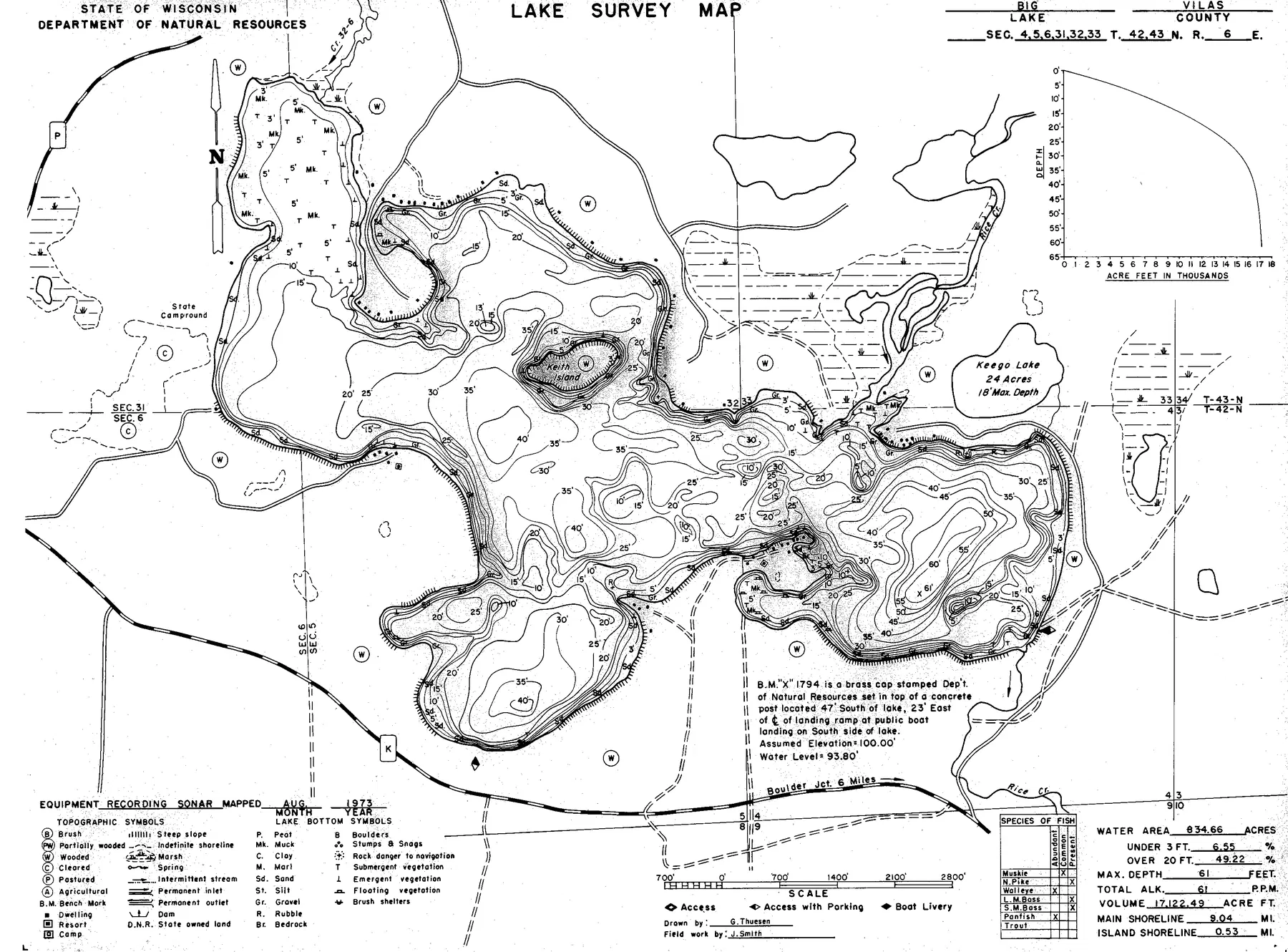 Big Lake historical Wisconsin DNR depth map sheet 1