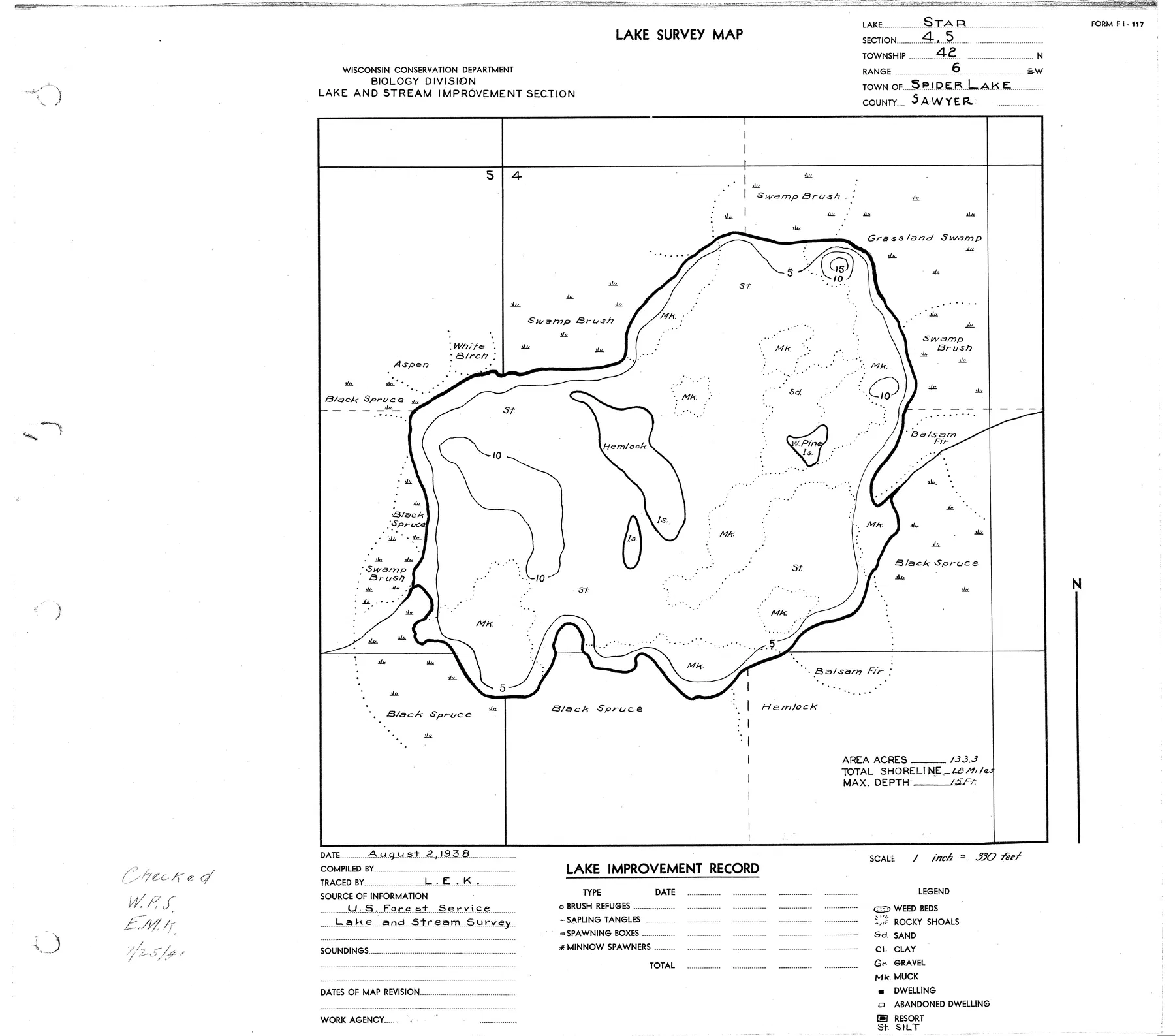 Star Lake historical Wisconsin DNR depth map sheet 1