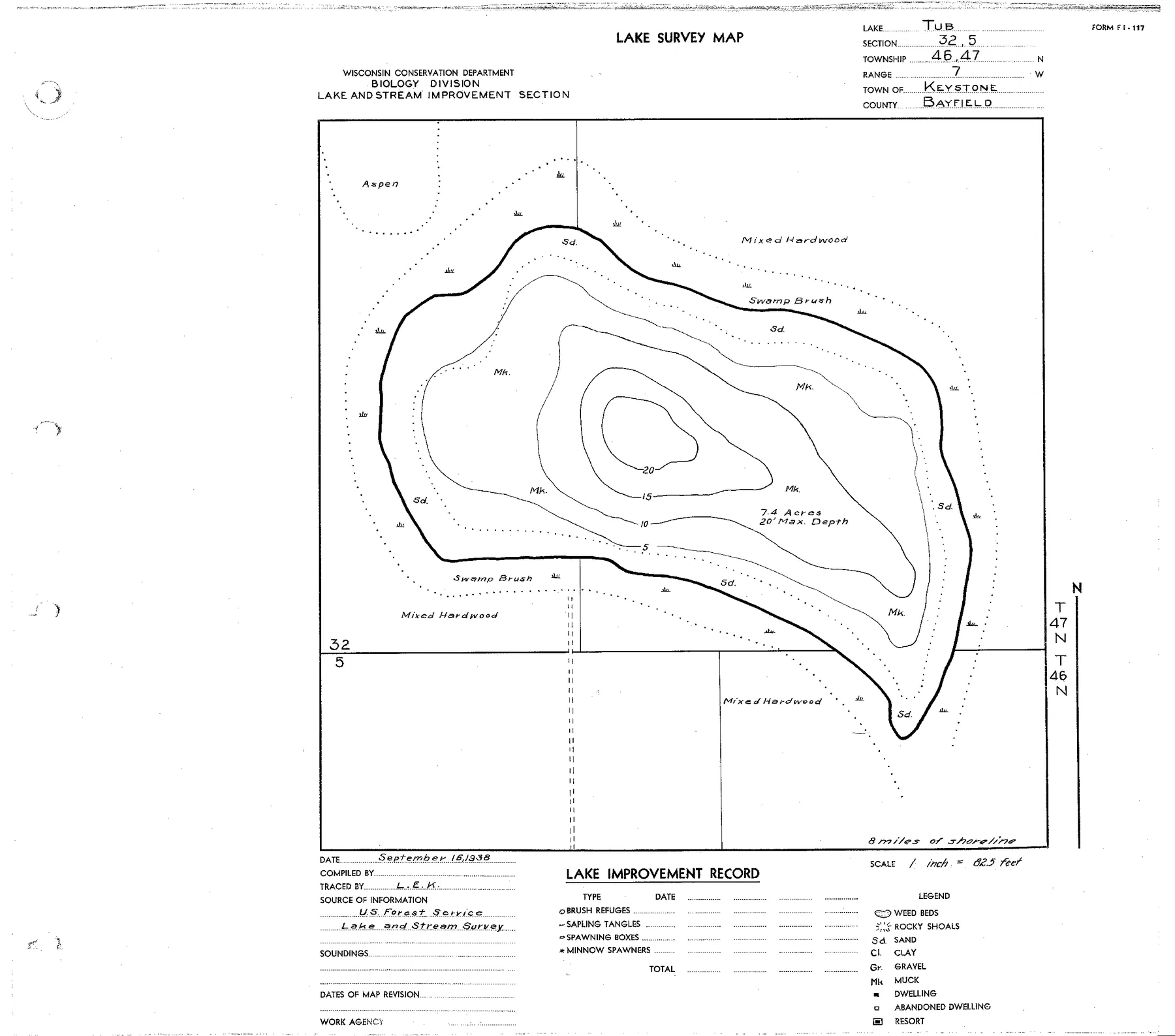 Tub Lake historical Wisconsin DNR depth map sheet 1