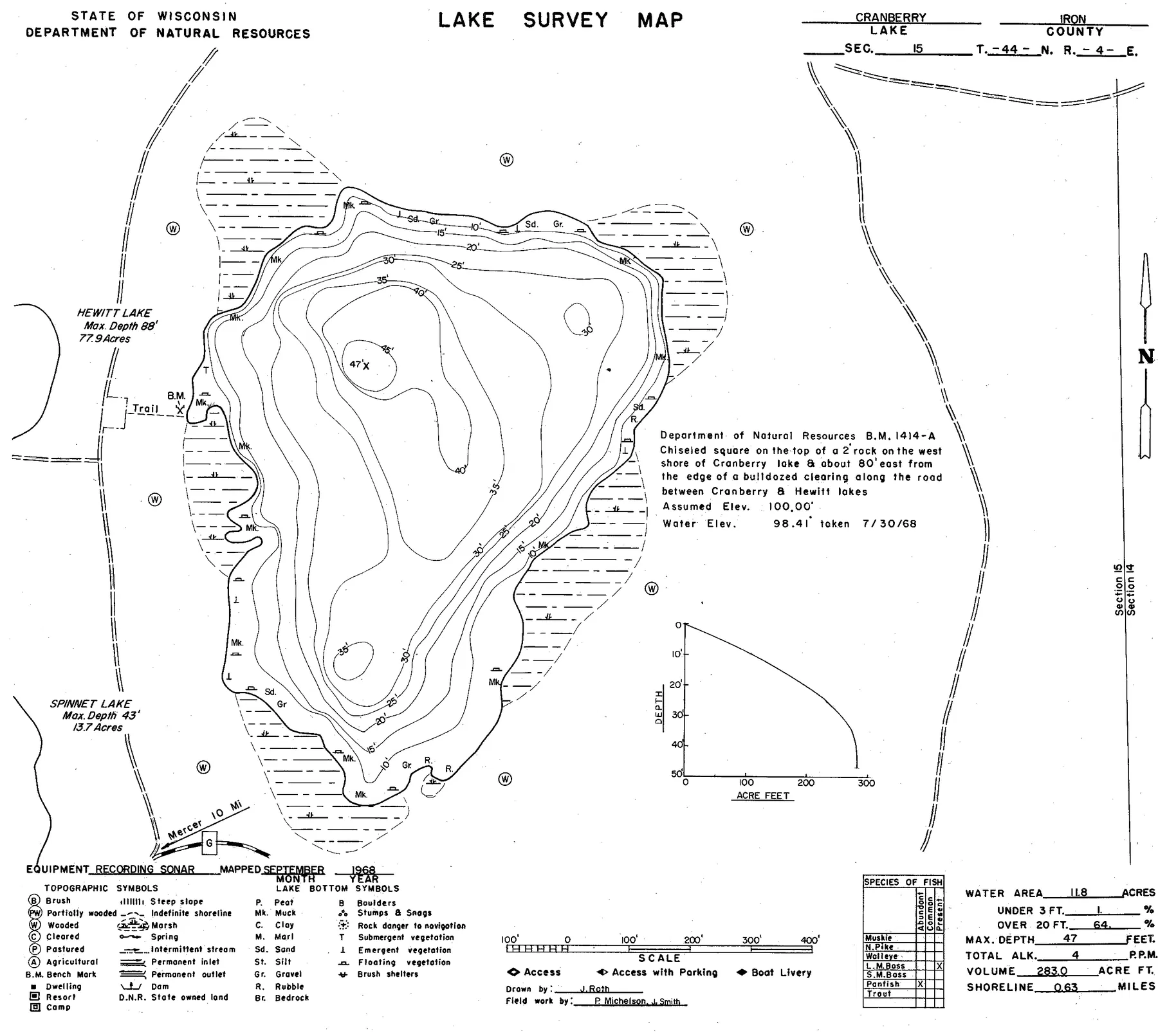 Cranberry Lake historical Wisconsin DNR depth map sheet 1