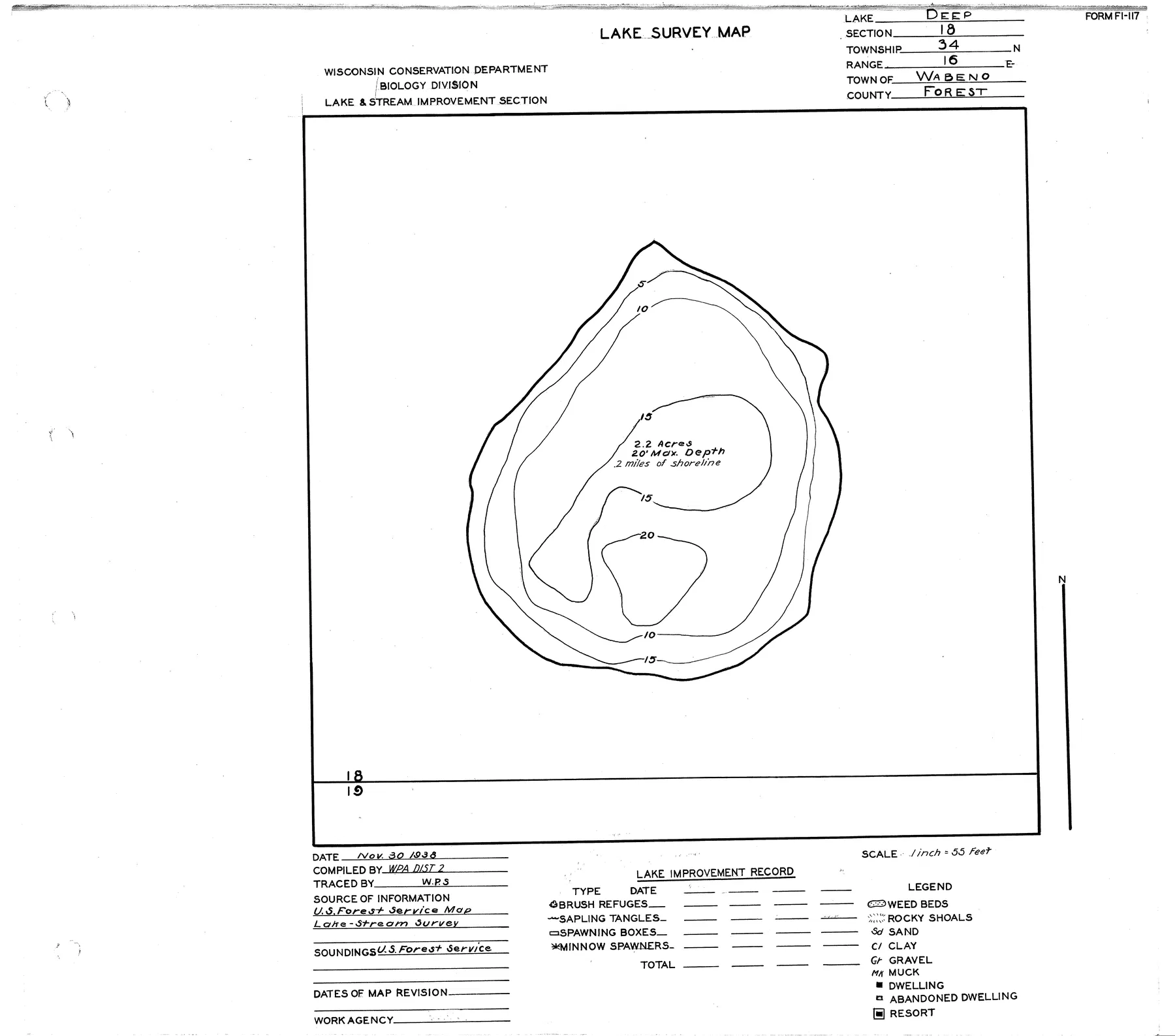Deep Lake historical Wisconsin DNR depth map sheet 1