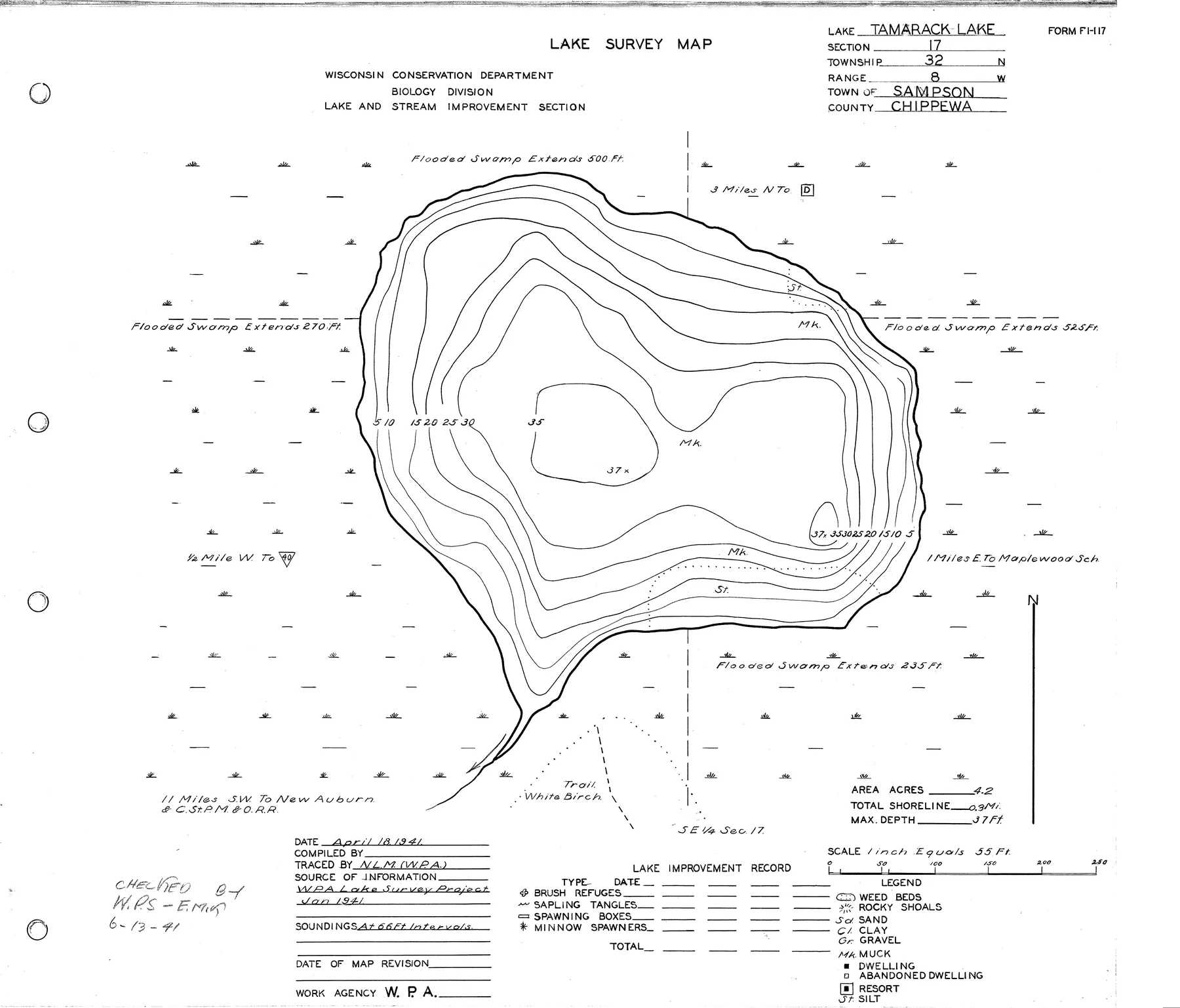 Tamarack Lake historical Wisconsin DNR depth map sheet 1