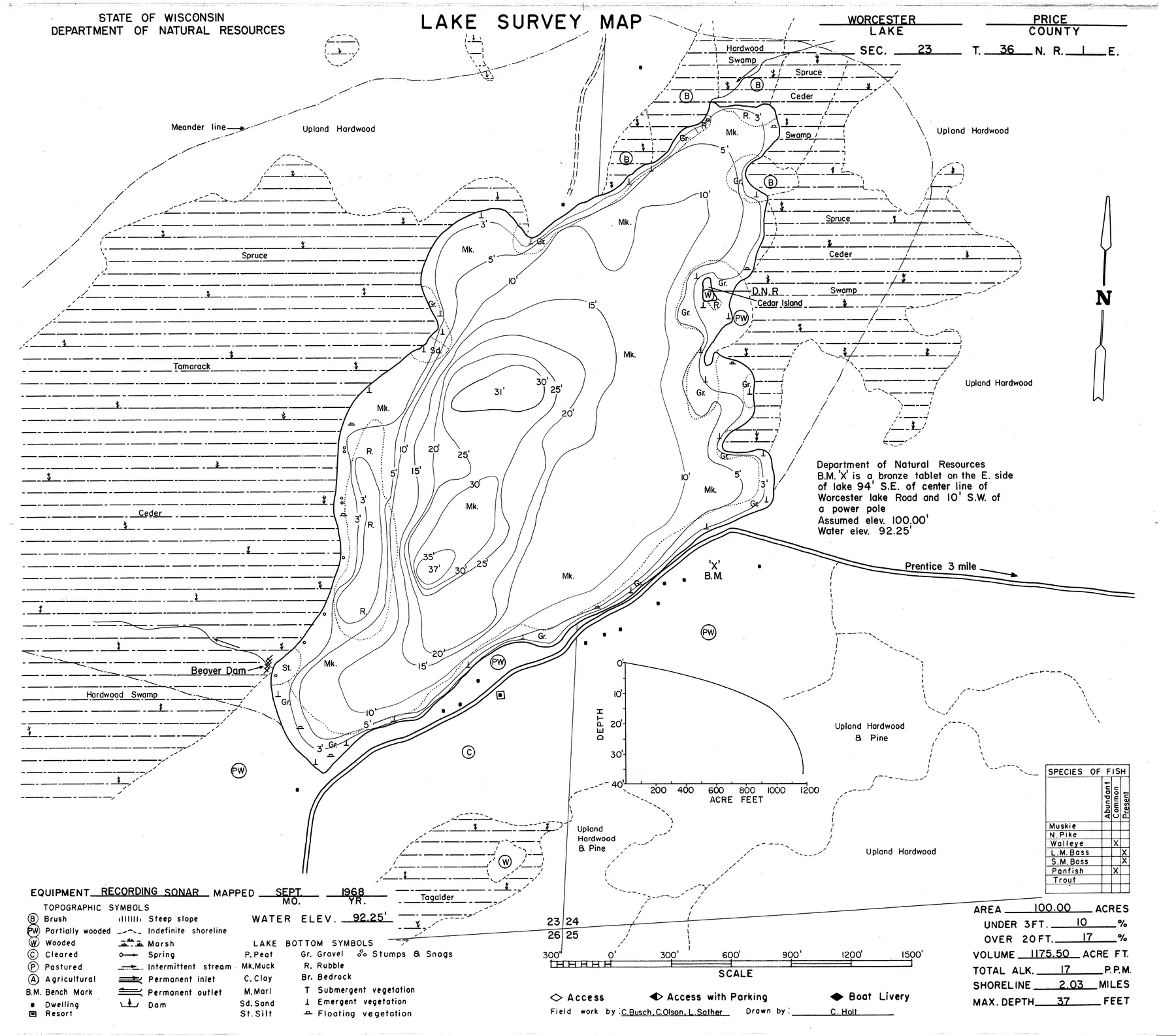 Worcester Lake historical Wisconsin DNR depth map sheet 1