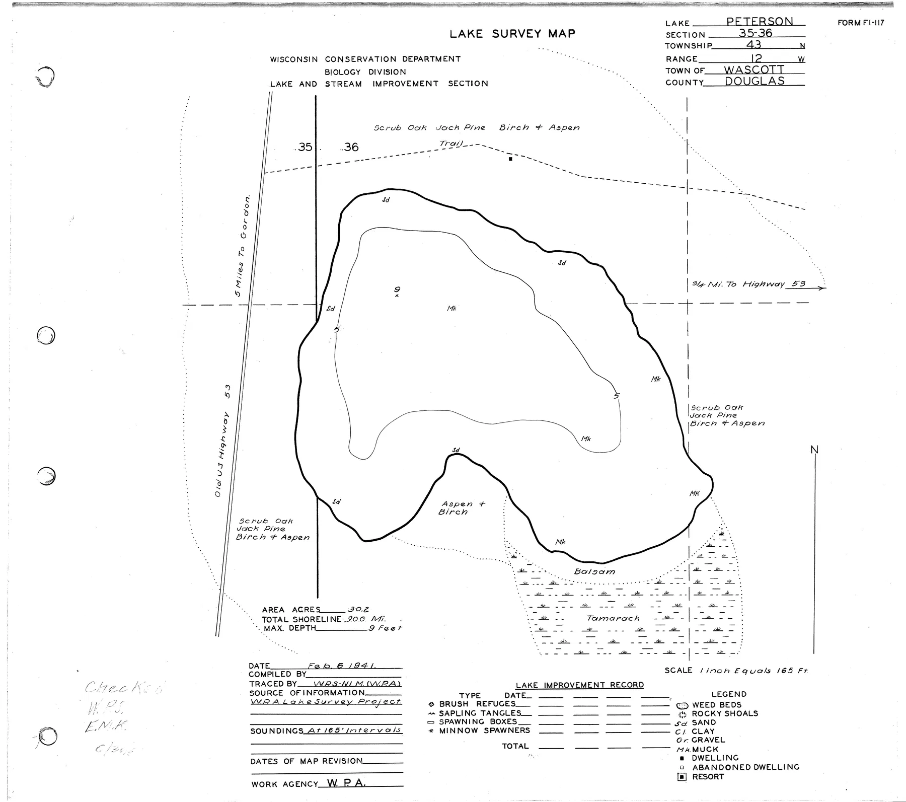 Peterson Lake historical Wisconsin DNR depth map sheet 1