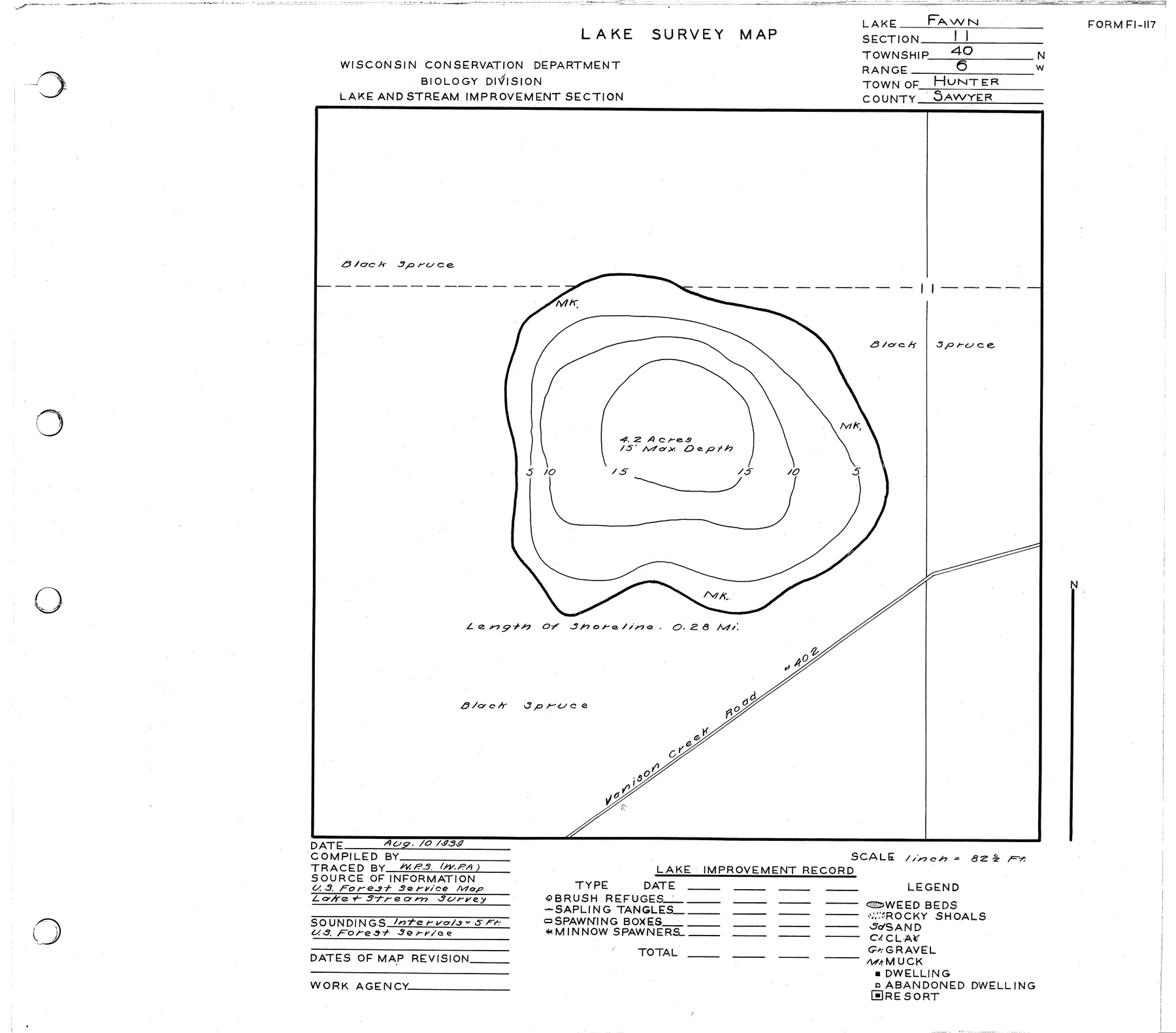 Fawn Lake historical Wisconsin DNR depth map sheet 1