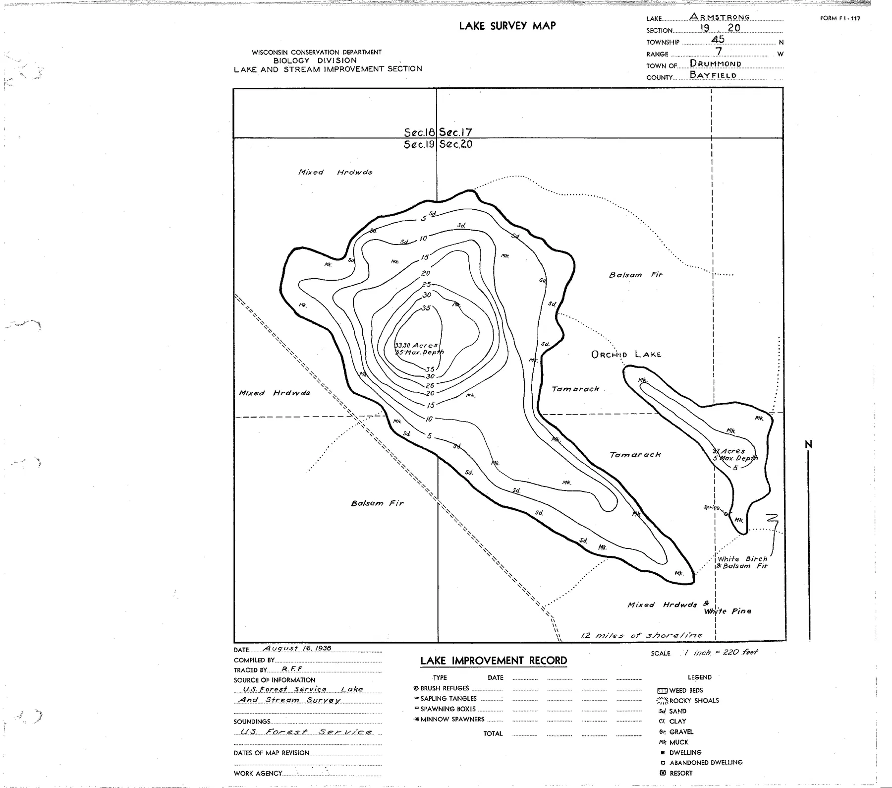 Armstrong Lake historical Wisconsin DNR depth map sheet 1
