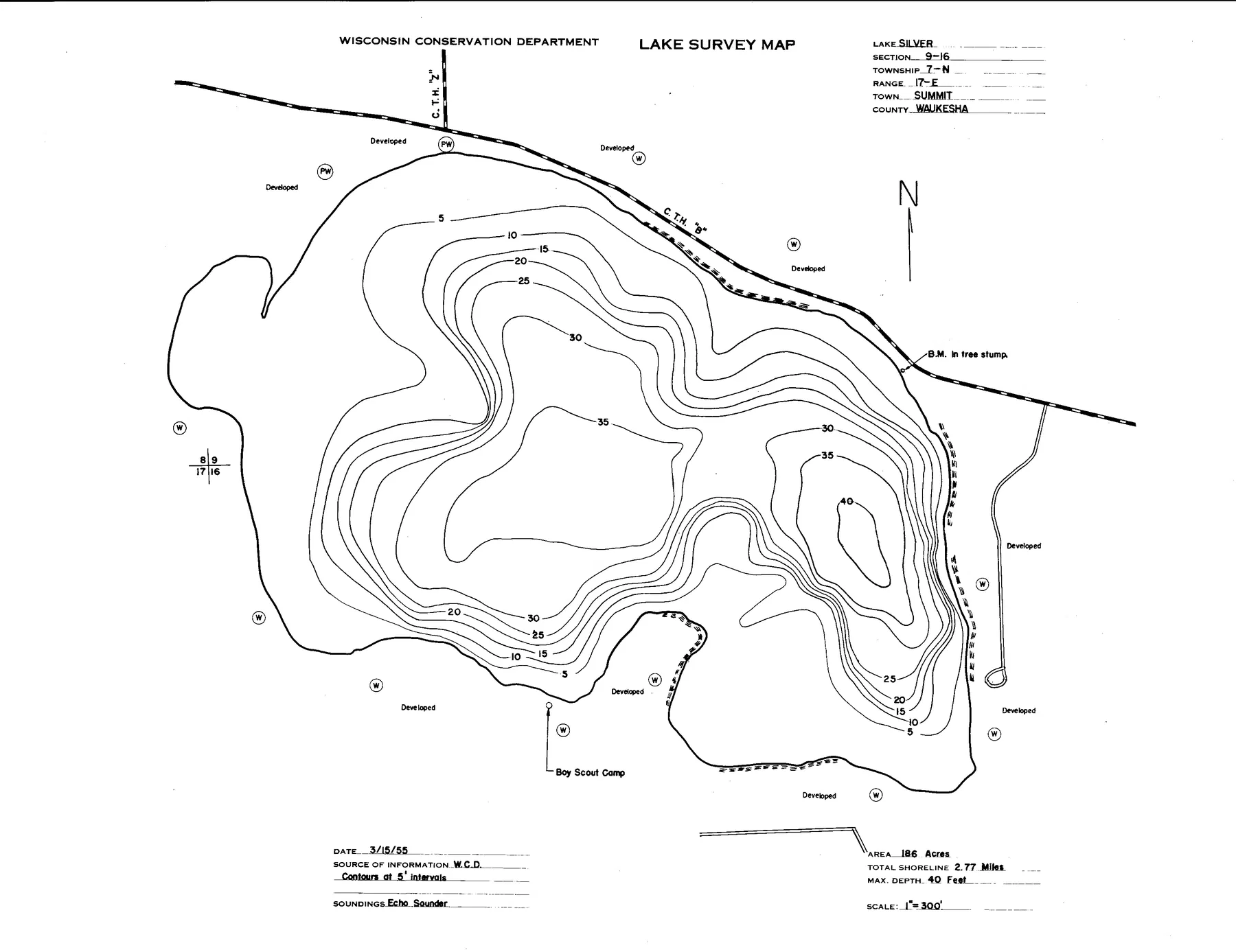 Silver Lake historical Wisconsin DNR depth map sheet 1
