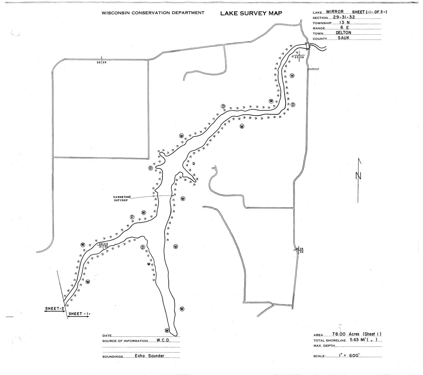 Mirror Lake historical Wisconsin DNR depth map sheet 1