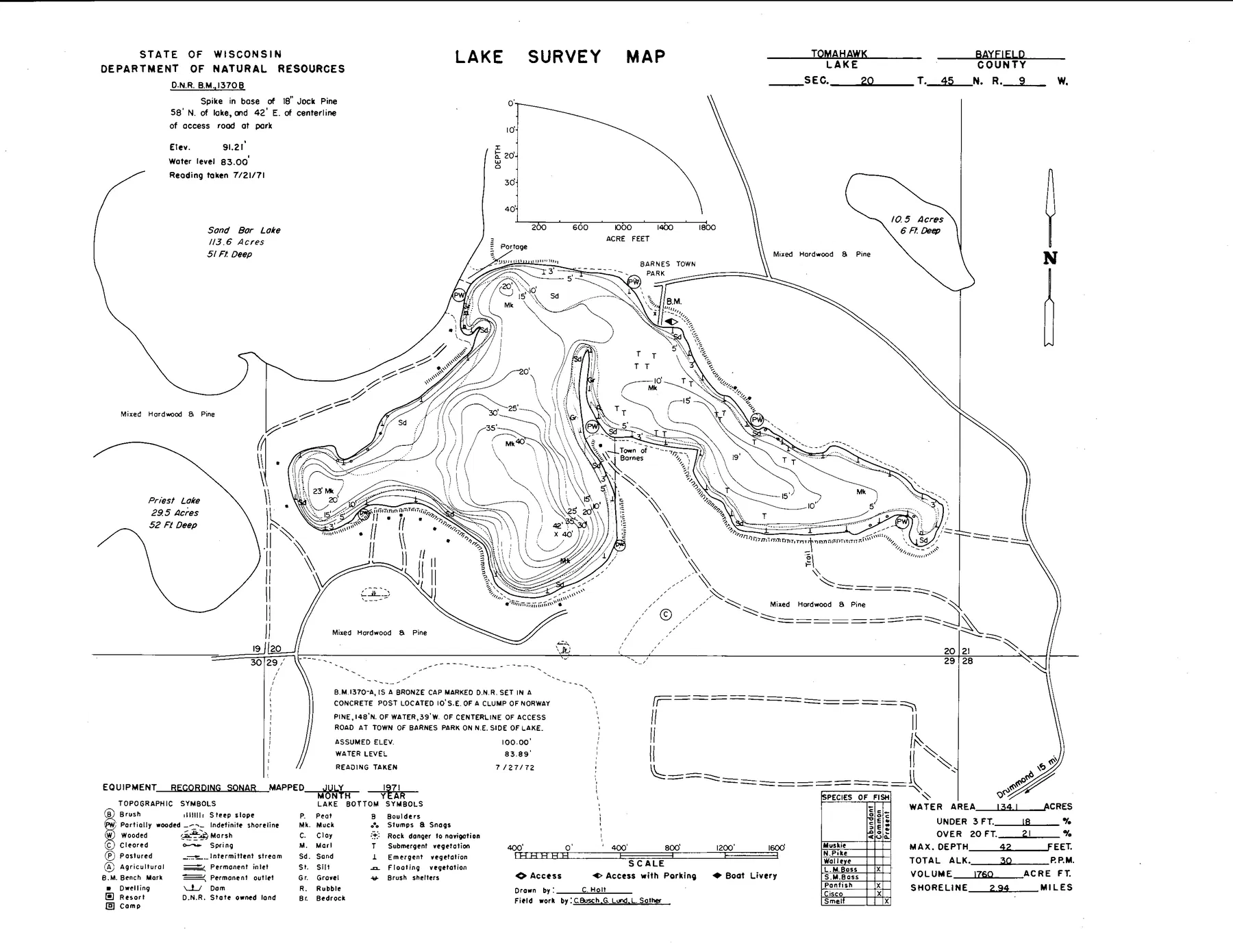 Tomahawk Lake historical Wisconsin DNR depth map sheet 1
