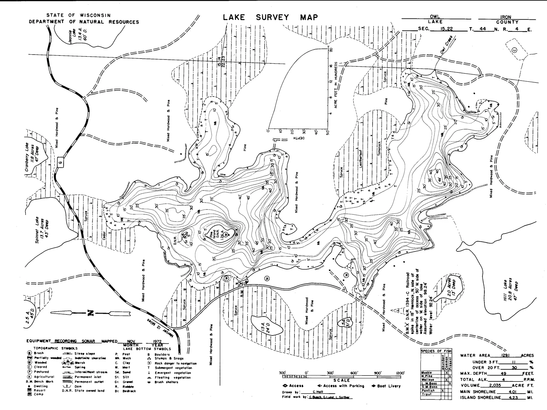 Owl Lake historical Wisconsin DNR depth map sheet 1