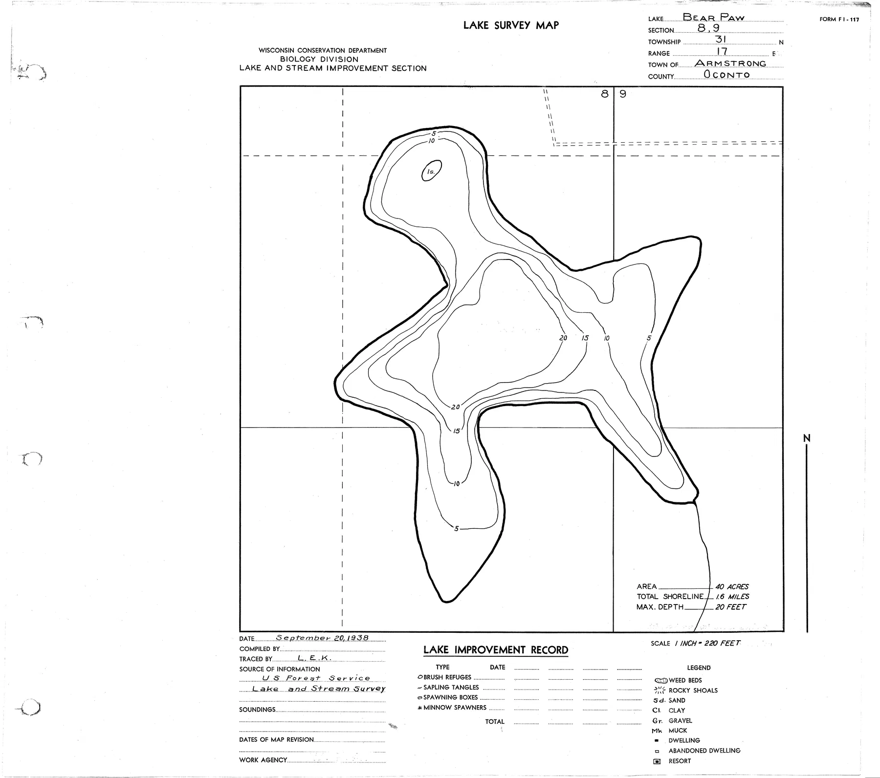 Bear Paw Lake historical Wisconsin DNR depth map sheet 1