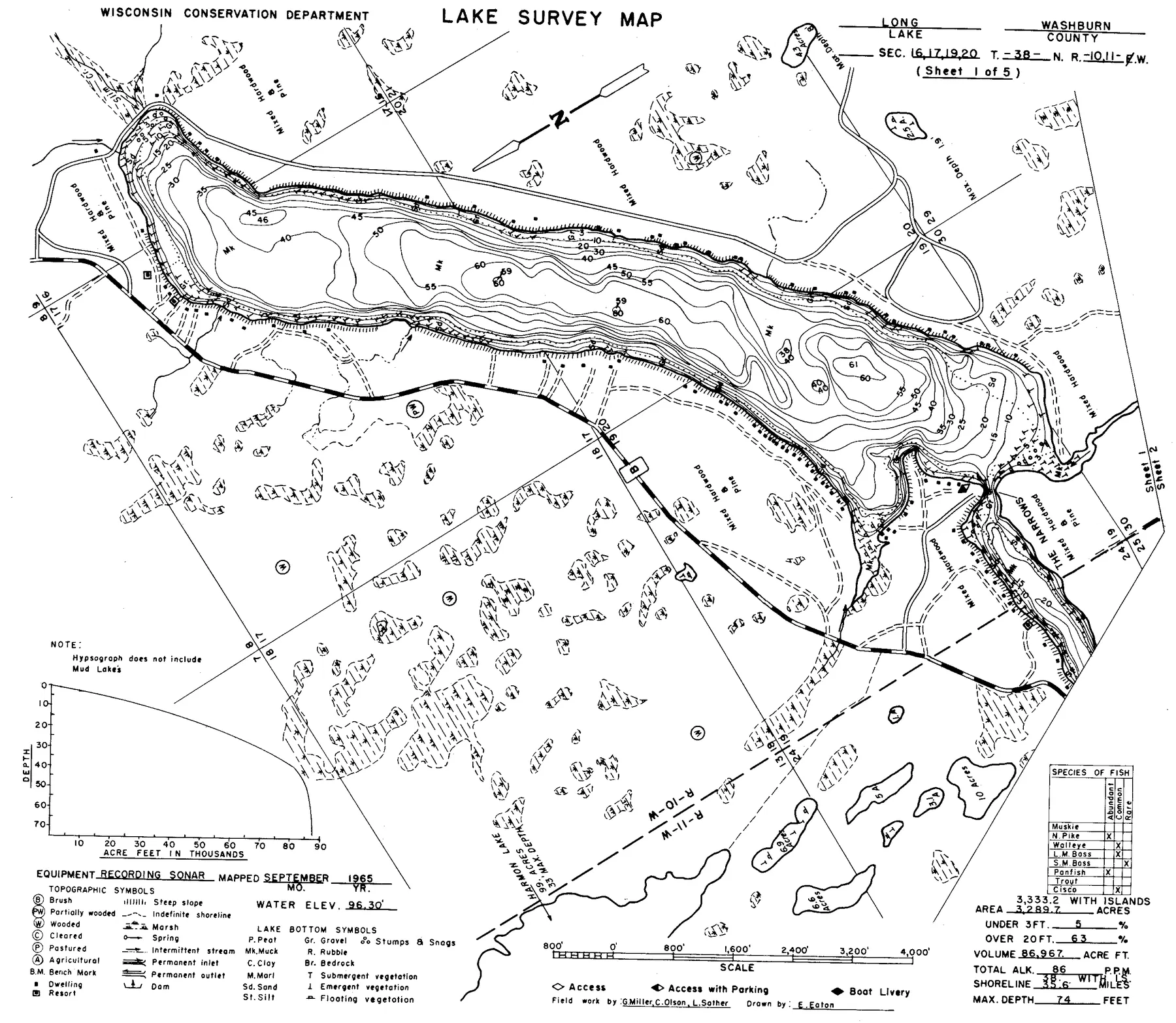 Long Lake historical Wisconsin DNR depth map sheet 1