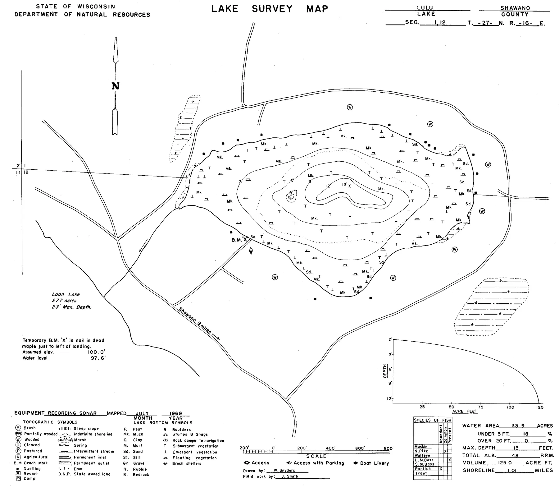 Lulu Lake historical Wisconsin DNR depth map sheet 1