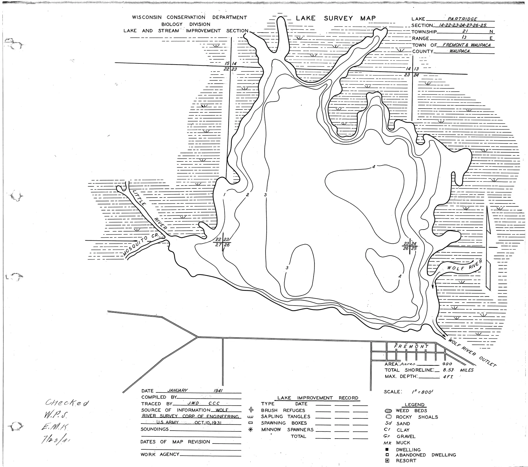 Partridge Lake historical Wisconsin DNR depth map sheet 1